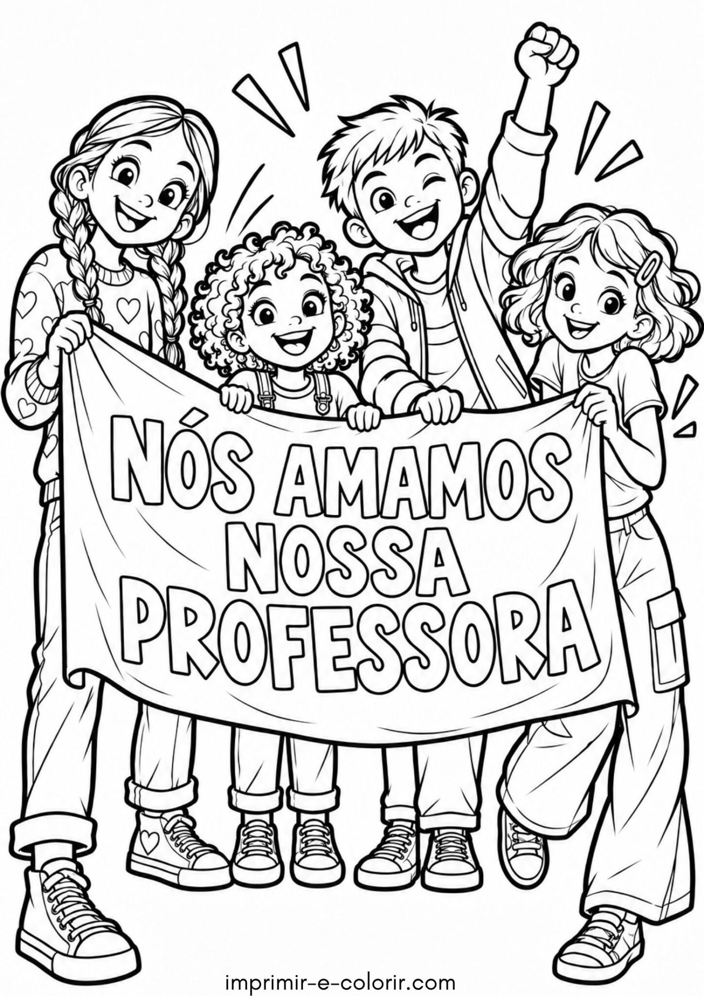 Desenho de Crianças segurando faixa “Nós amamos nossa professora” para colorir e imprimir Desenho de Crianças segurando faixa “Nós amamos nossa professora” para colorir e imprimir
