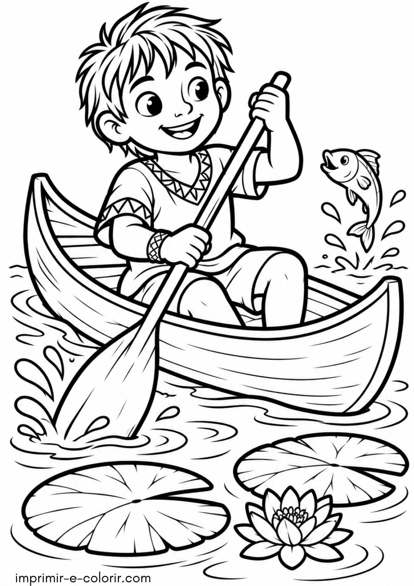 Desenho de Dia da Amazônia – Índiozinho em canoa no rio Amazonas