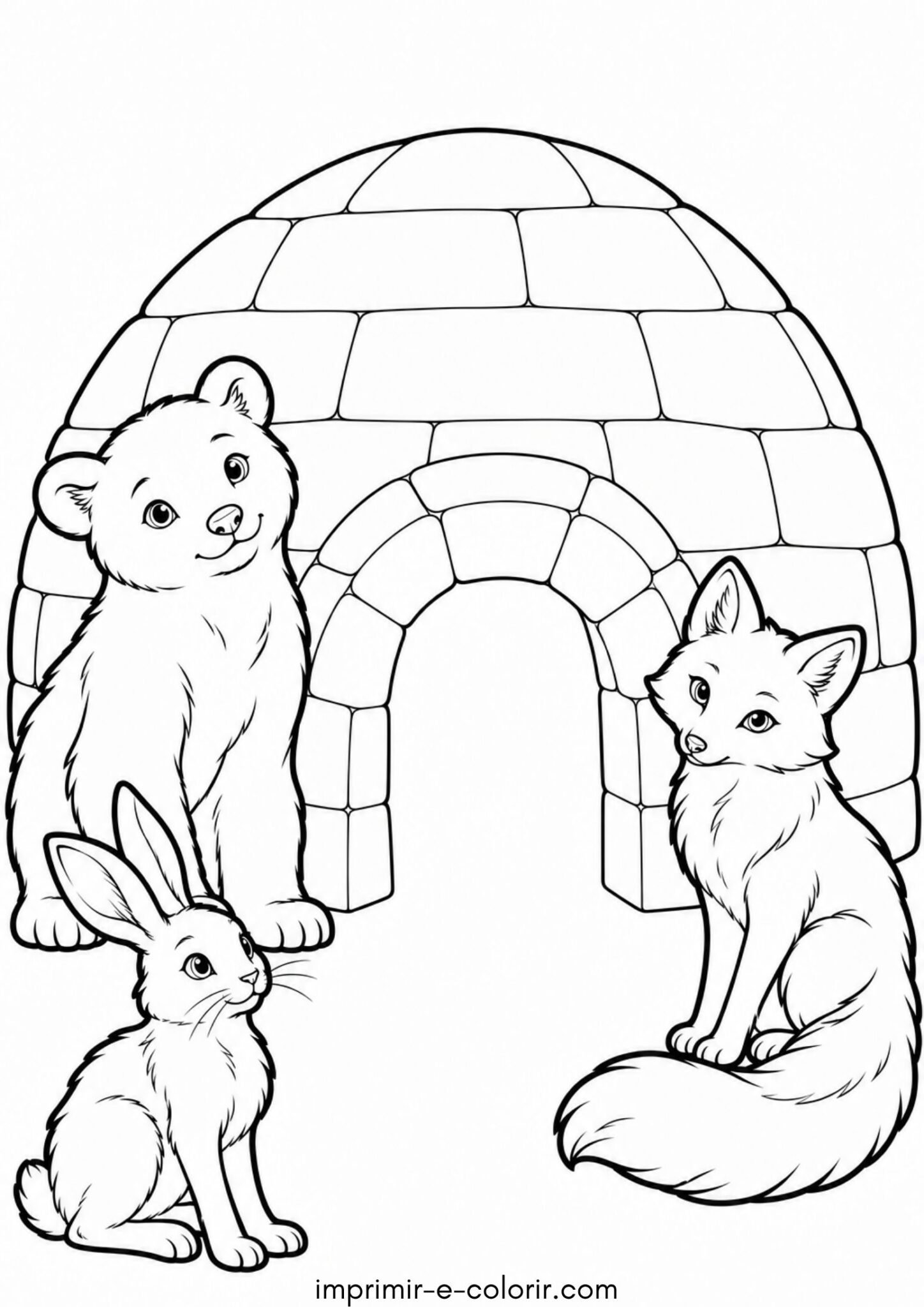 Desenho de Animais do inverno reunidos no iglu de gelo para colorir e imprimir
