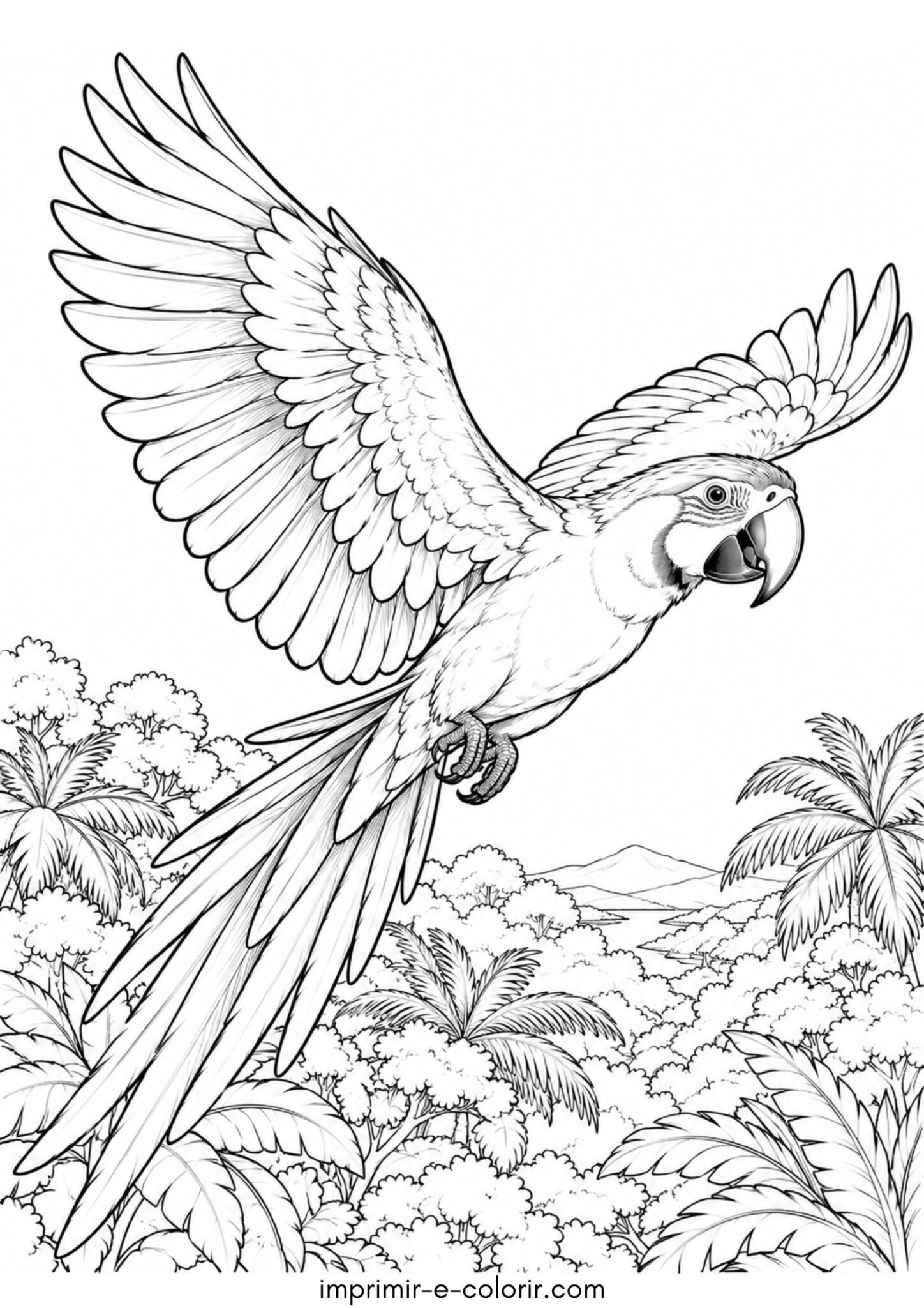 Desenho de Pássaro – Arara-azul voando sobre a copa das árvores tropicais