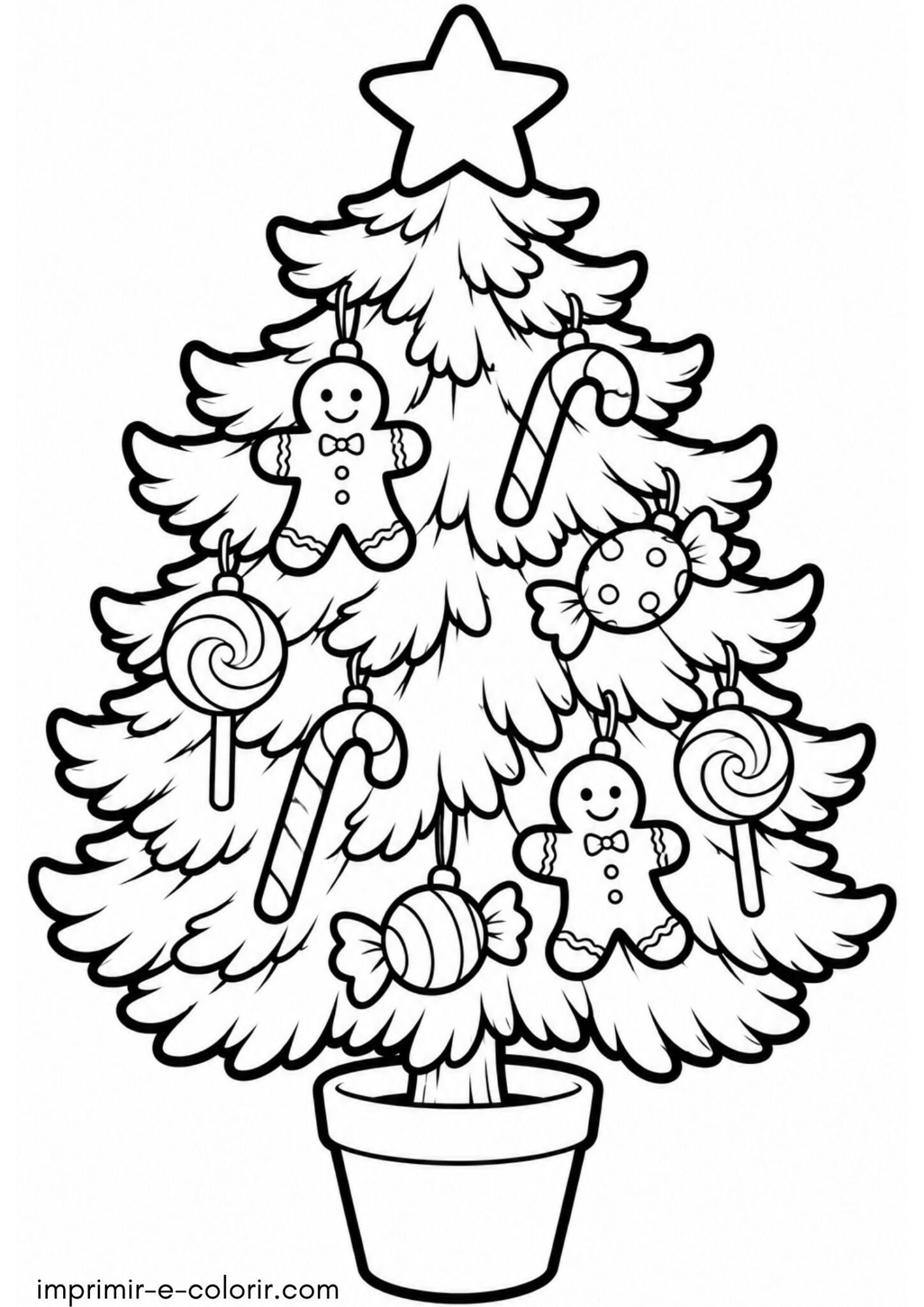 Desenho de Arvorezinha de Natal decorada com doces, biscoitos e pirulitos