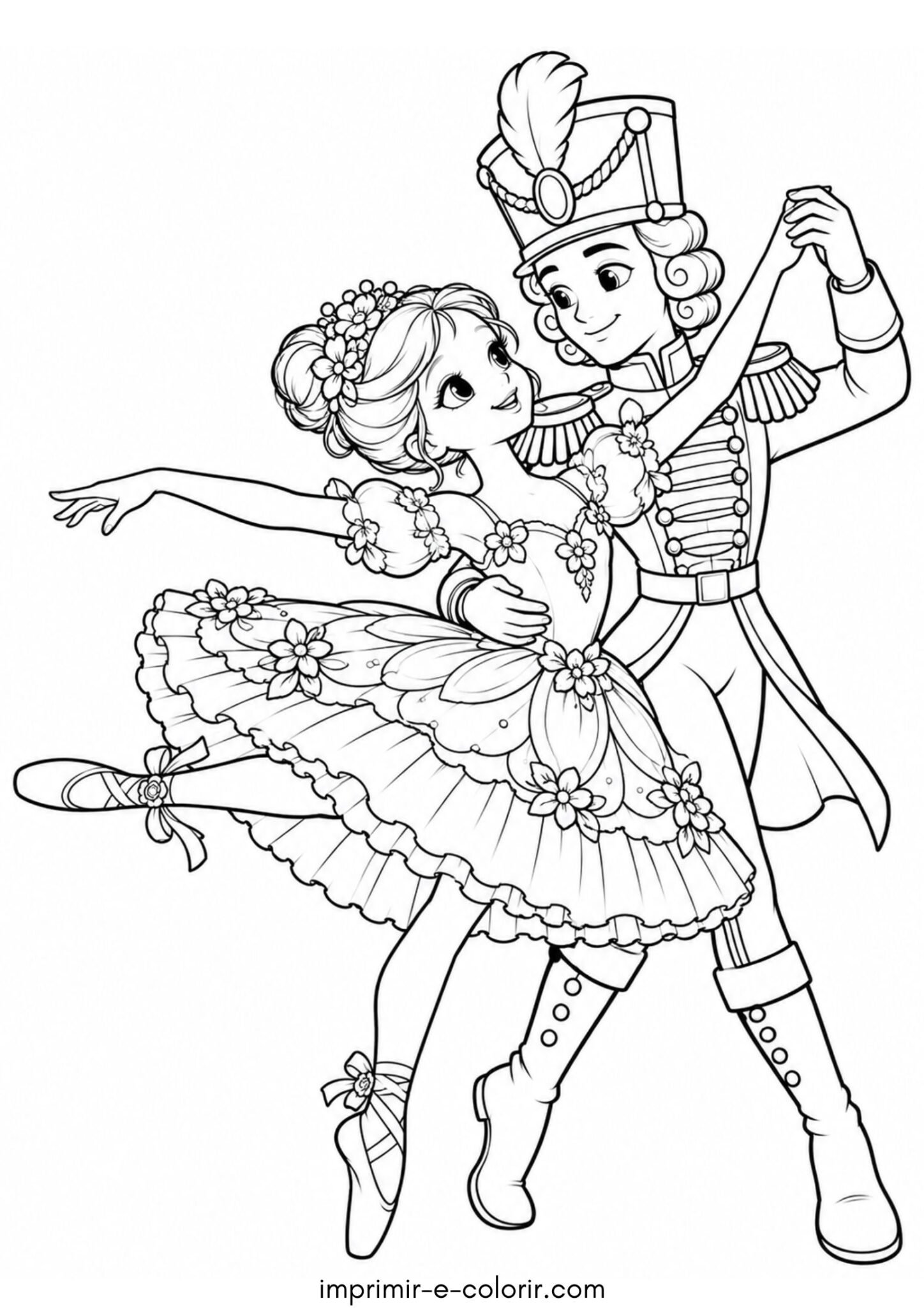Desenho de Bailarina e o Príncipe Quebra-Nozes dançando a valsa das flores
