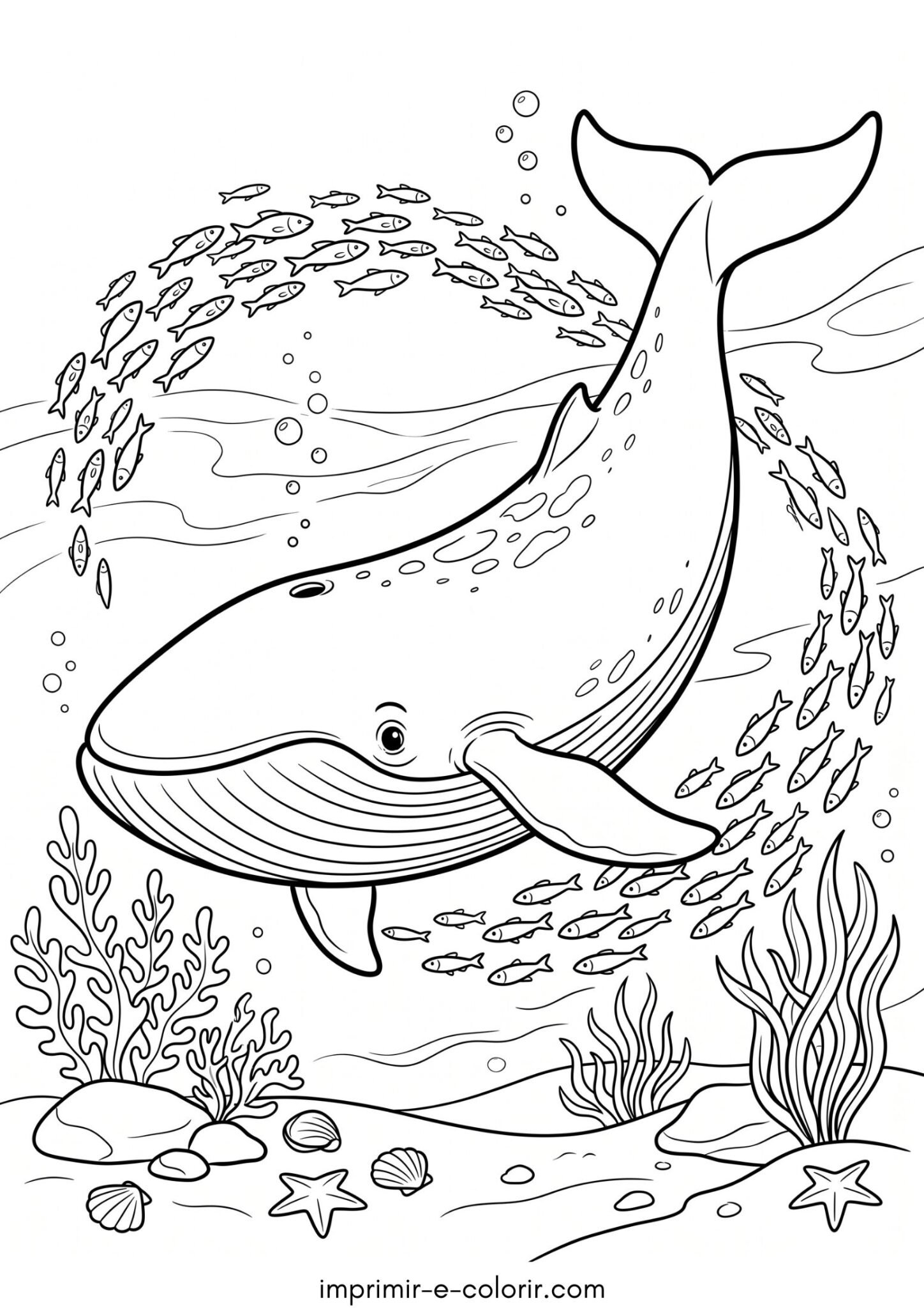 Desenho de Baleia azul gigante com cardume de peixinhos ao redor para colorir e imprimir