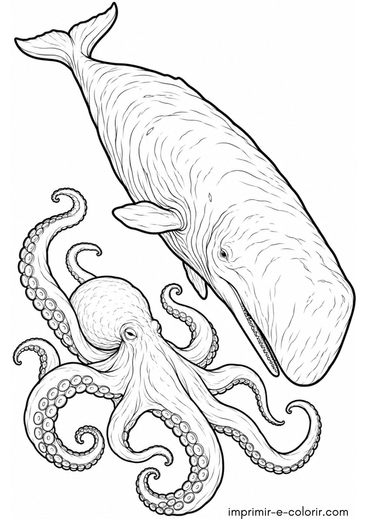 Desenho de Baleia cachalote mergulhando nas profundezas perto de um polvo gigante