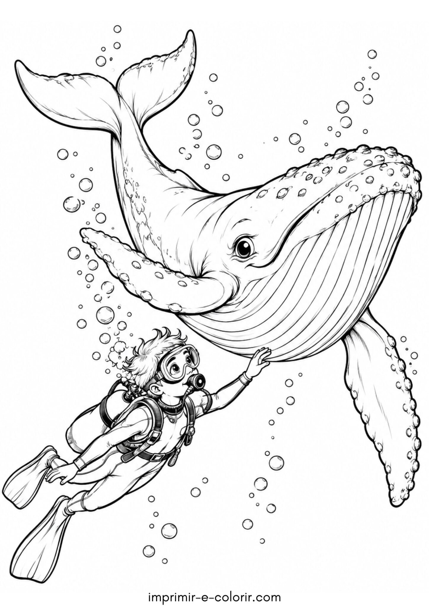 Desenho de Baleia e mergulhador nadando juntos no oceano