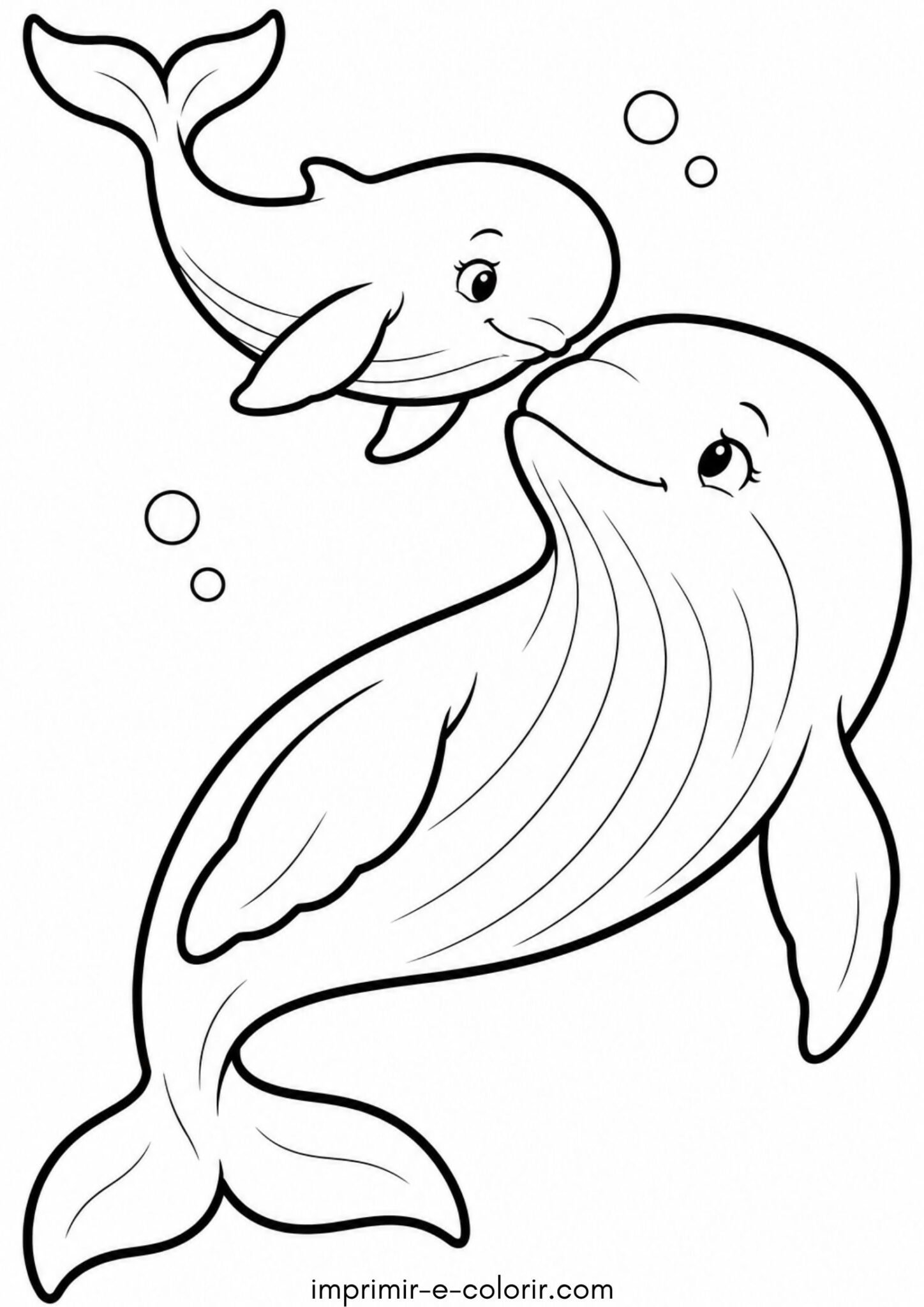 Desenho de Baleia e seu filhote nadando juntos no fundo do mar