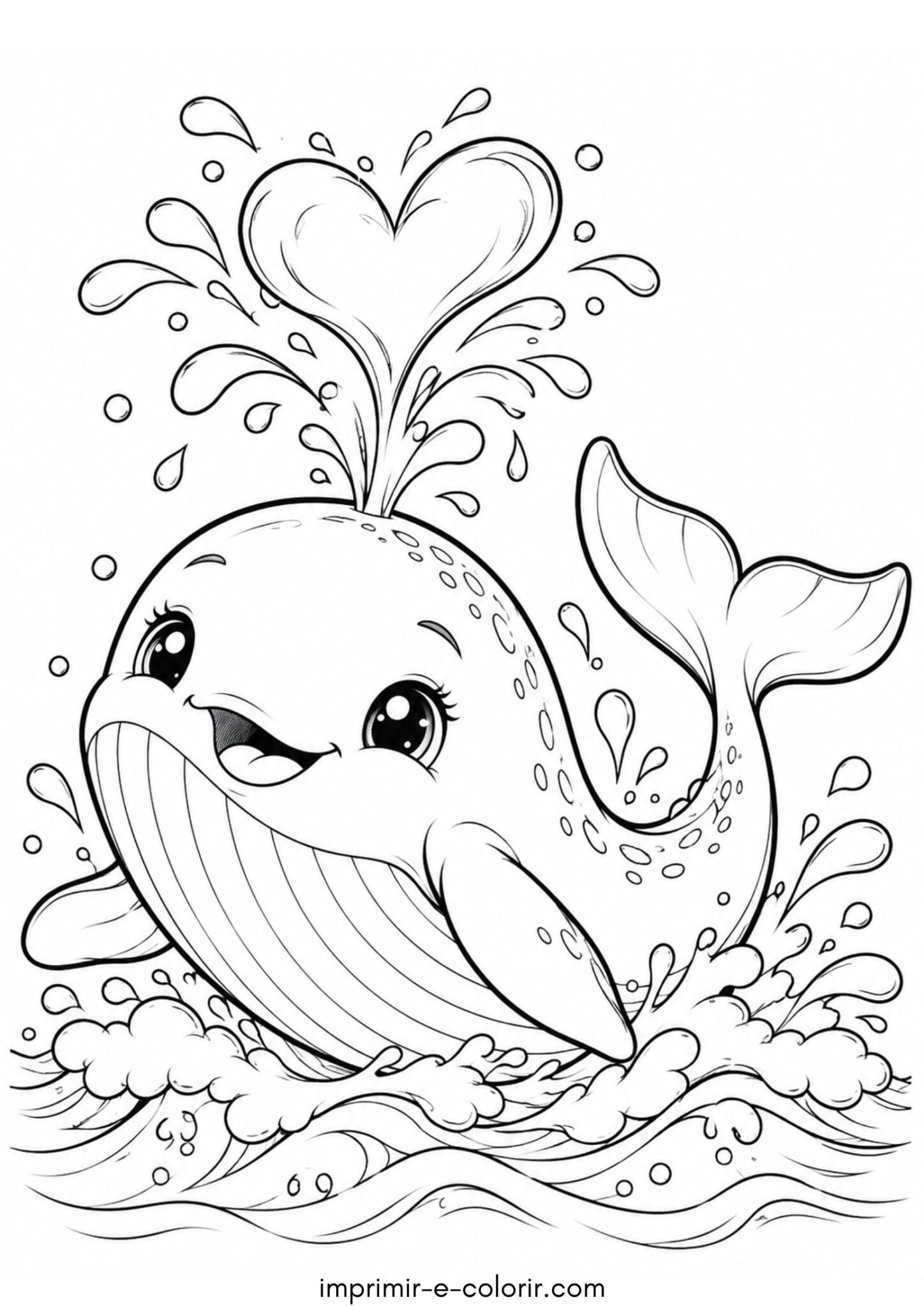 Desenho de Baleia fofa estilo kawaii soltando coração pelo esguicho de água para colorir e imprimir