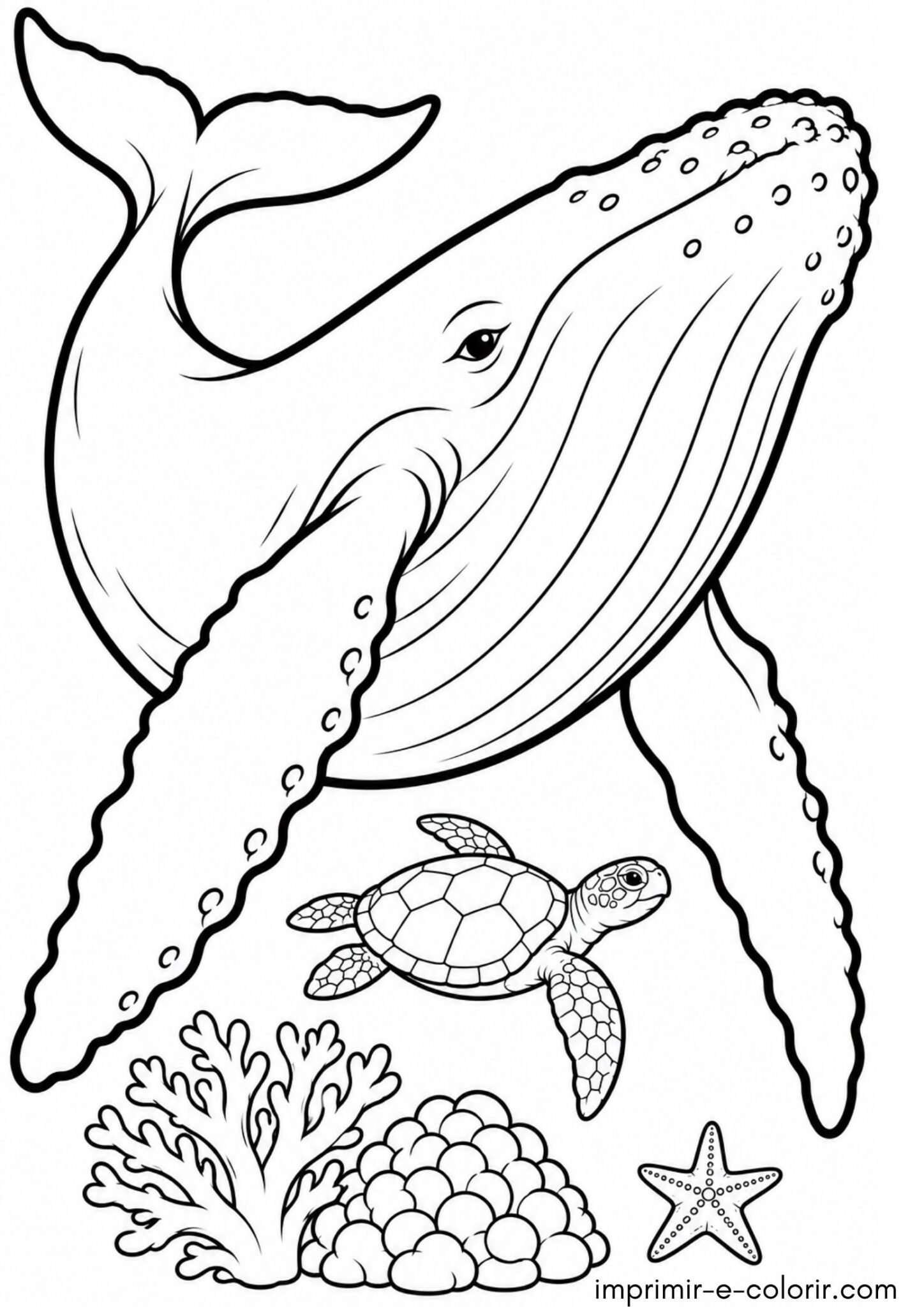 Desenho de Baleia jubarte com corais coloridos, estrela-do-mar e tartaruga marinha