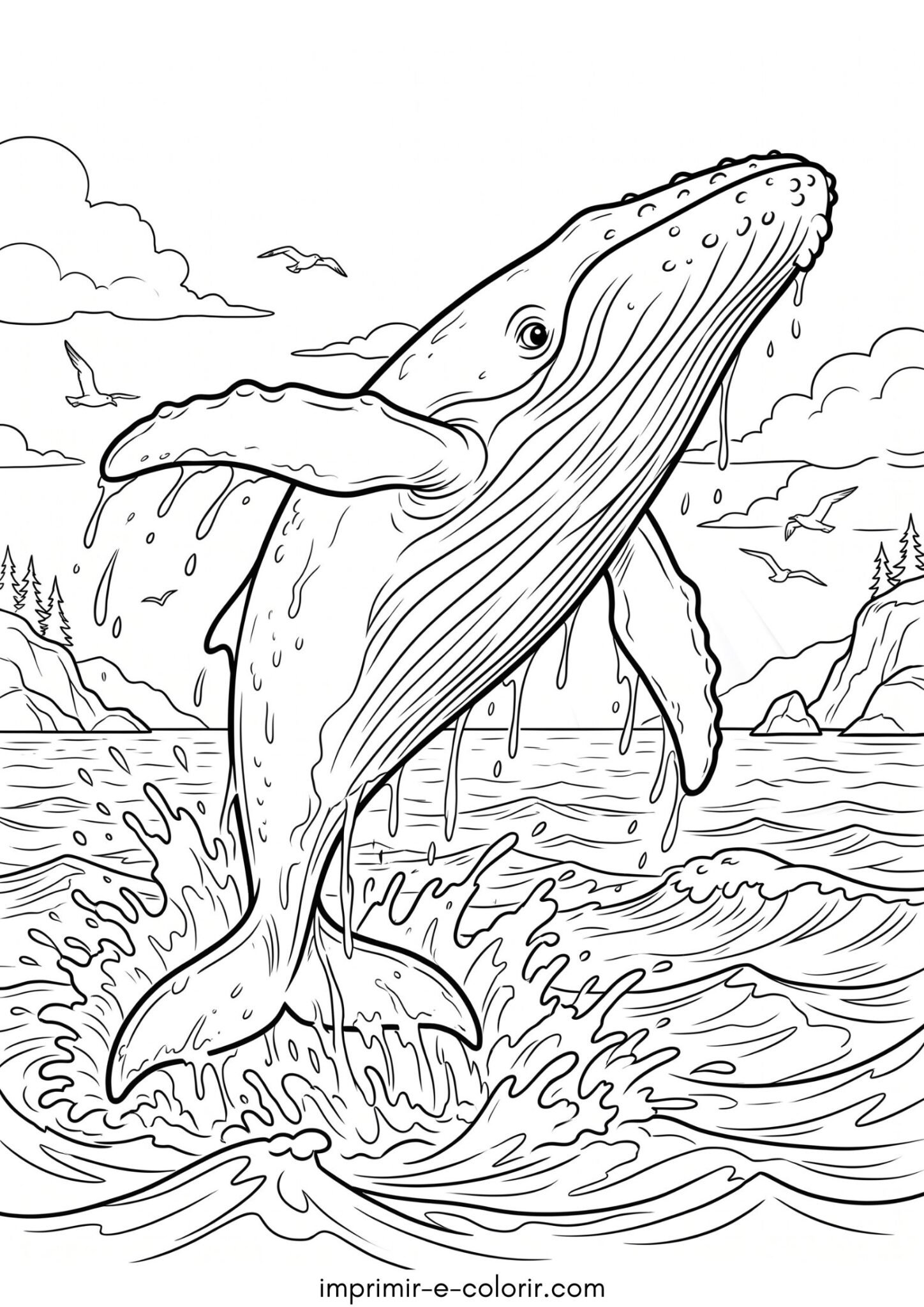 Desenho de Baleia jubarte saltando para fora da água para colorir e imprimir
