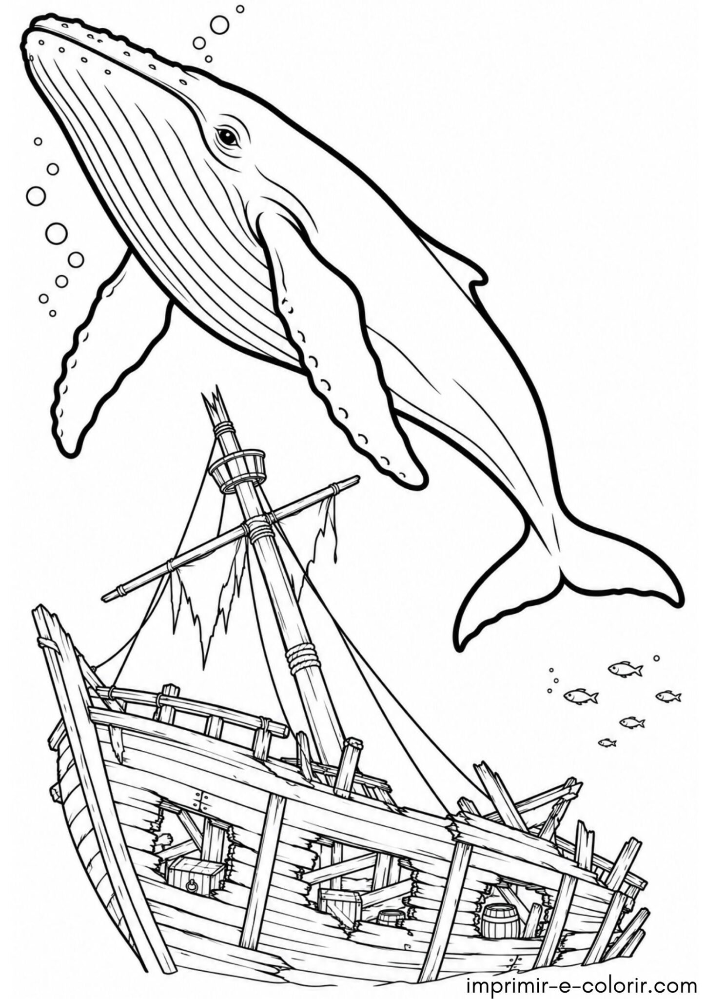 Desenho de Baleia passando por navio naufragado