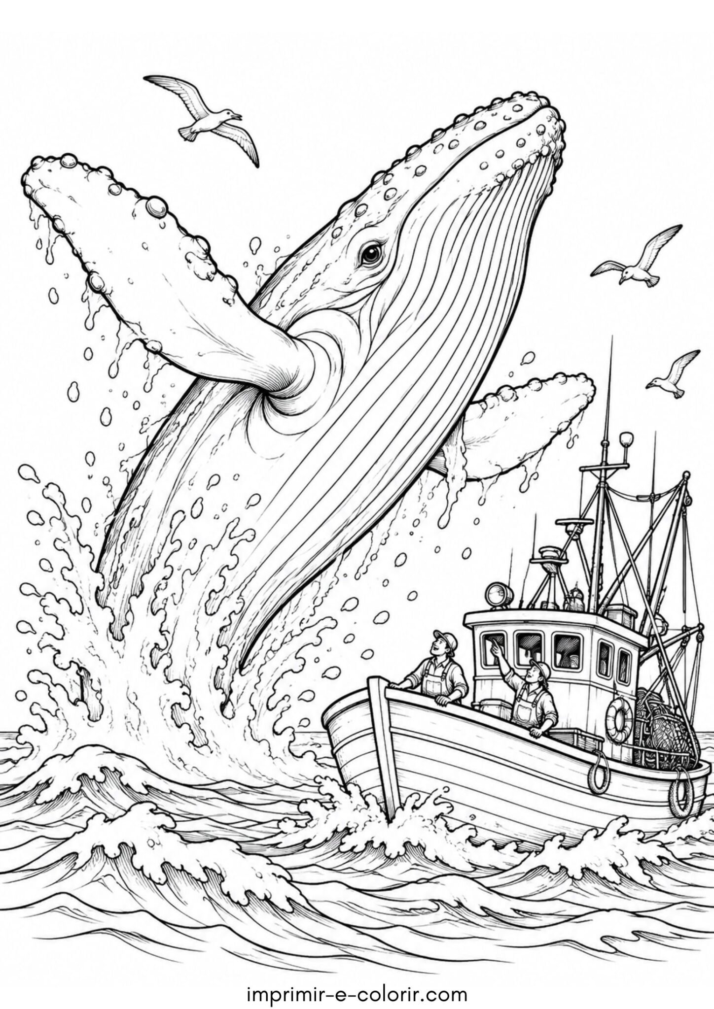 Desenho de Baleia saltando ao lado de um barco de pescadores