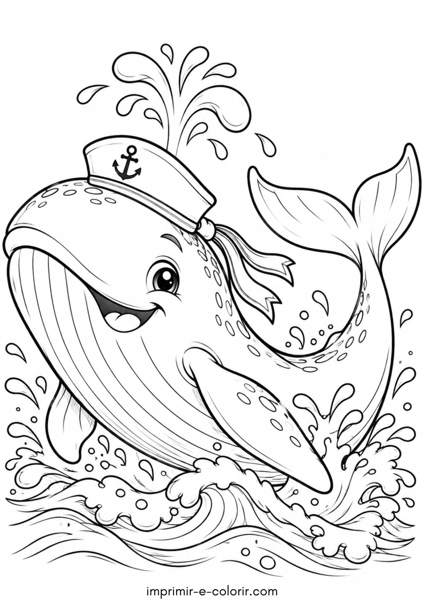 Desenho de Baleia sorridente com chapéu de marinheiro