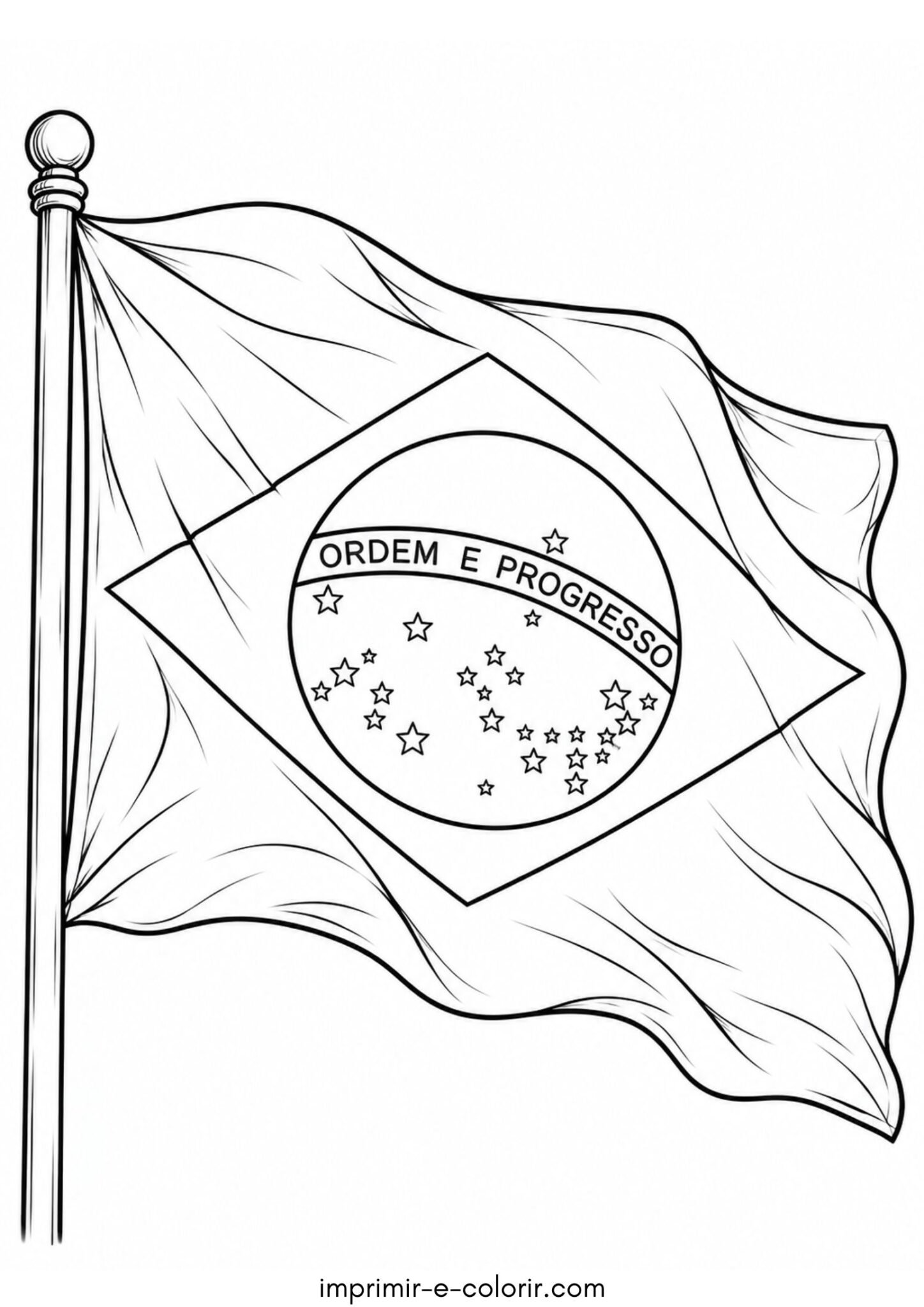 Desenho de Bandeira do Brasil com a faixa Ordem e Progresso para colorir