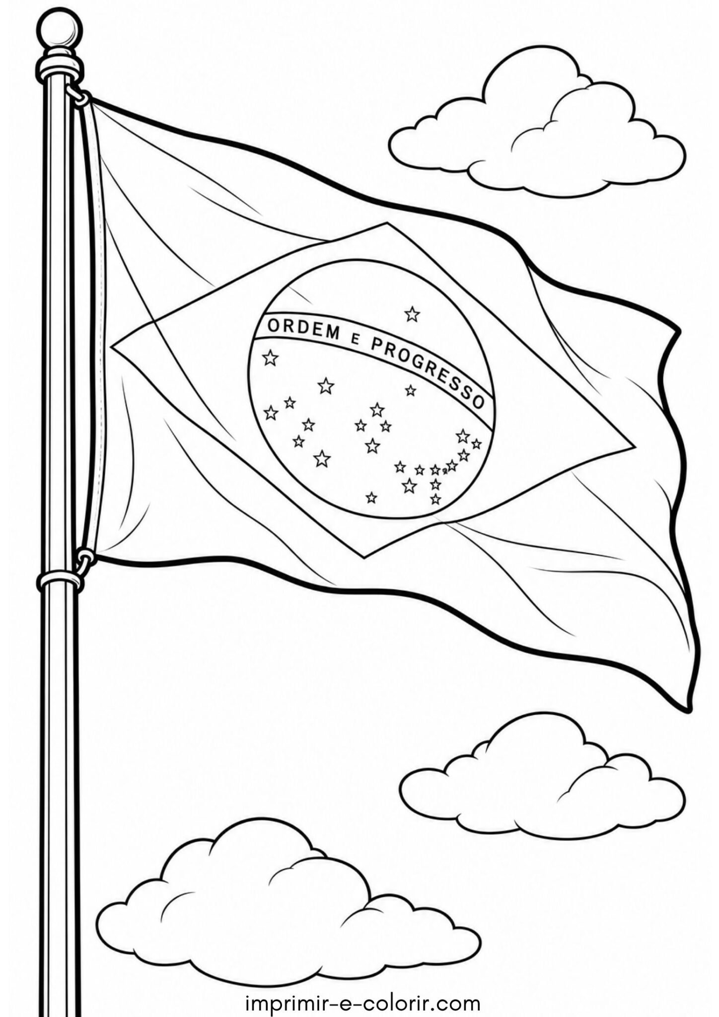 Desenho de Bandeira do Brasil hasteada no mastro balançando ao vento com nuvens