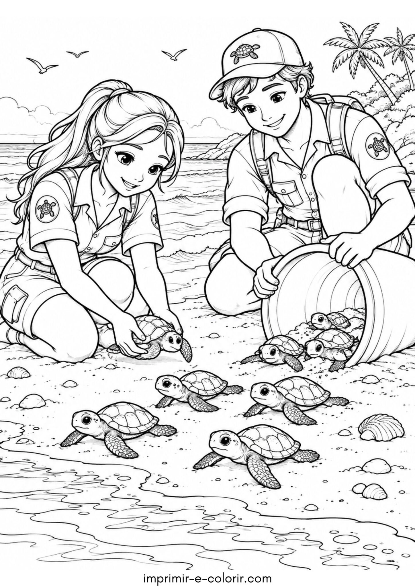 Desenho de Biólogos do projeto de conservação soltando filhotes de tartaruga no mar para colorir e imprimir