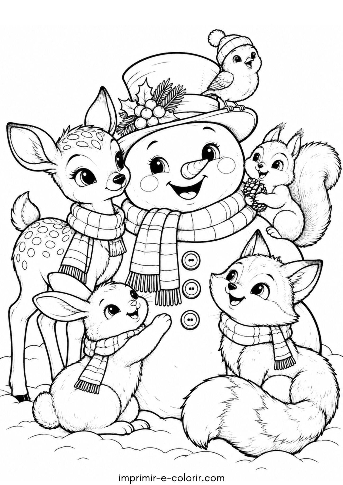 Desenho de Boneco de neve e animais da floresta