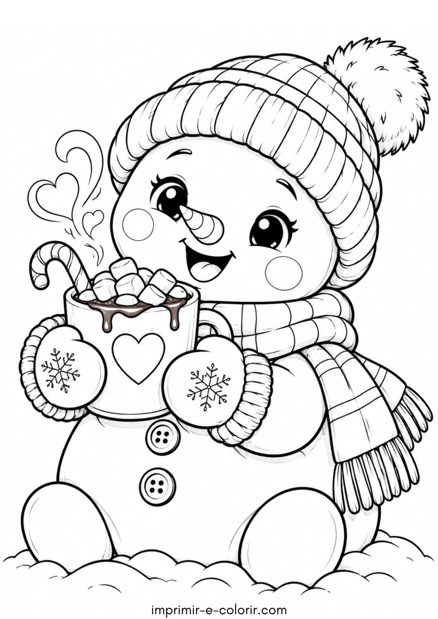 Desenho de Boneco de neve fofo estilo kawaii segurando uma xícara de chocolate quente para colorir e imprimir