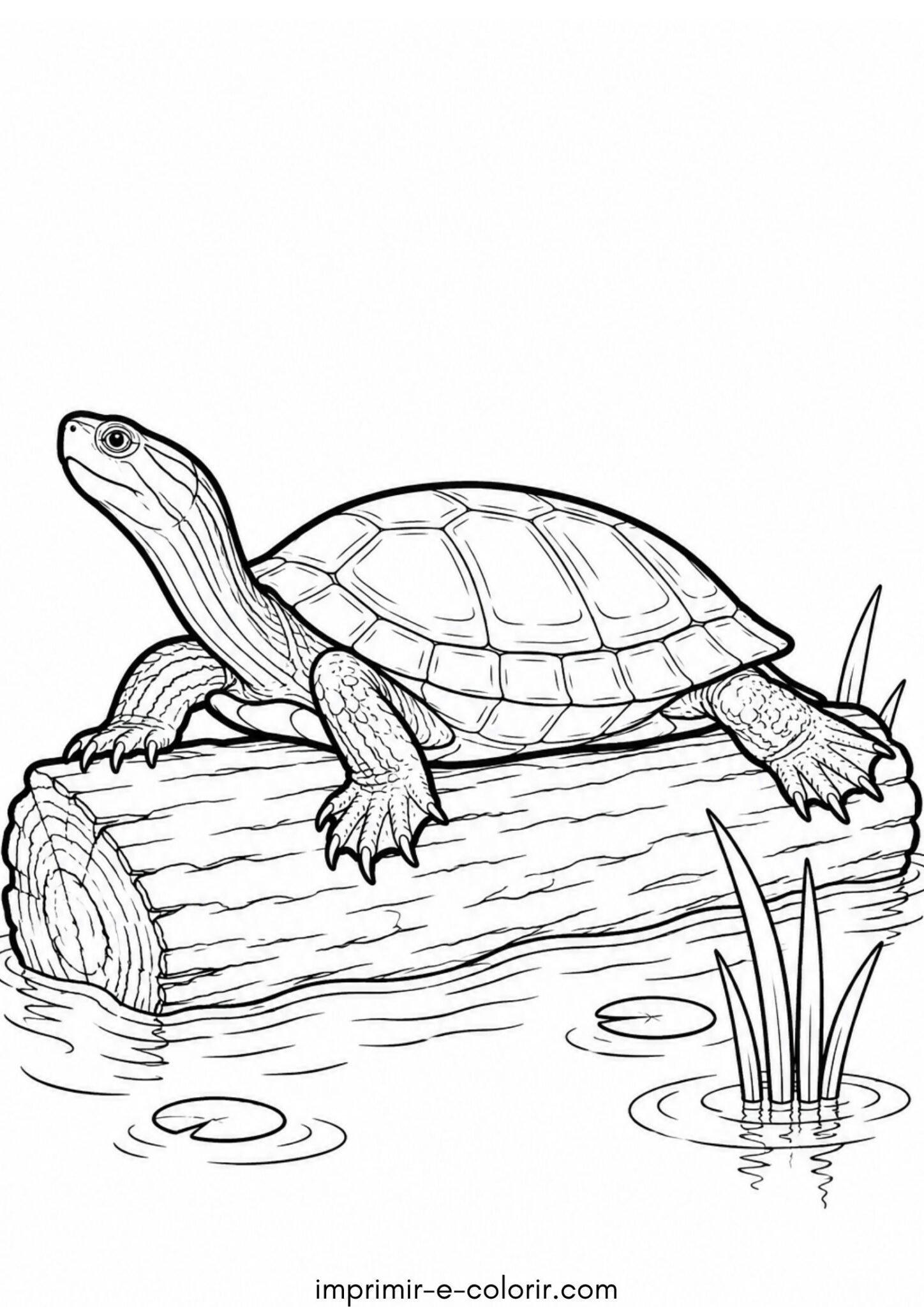 Desenho de Cágado tomando sol em cima de um tronco flutuante na lagoa para colorir e imprimir