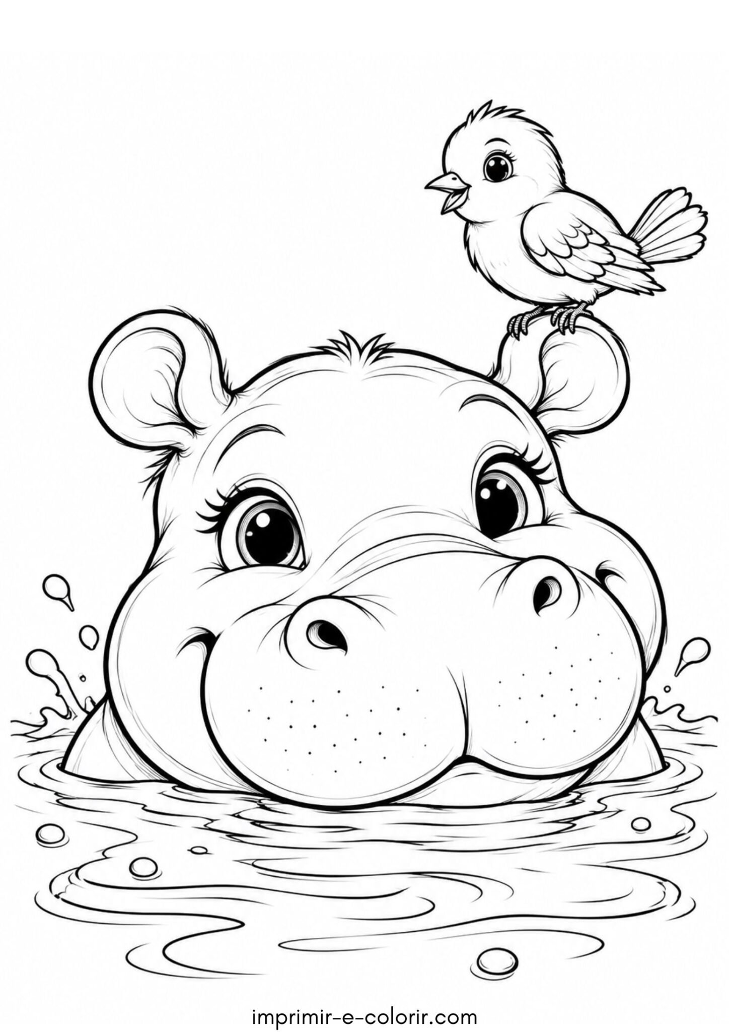Desenho de Cabeça de hipopótamo na água com passarinho na orelha