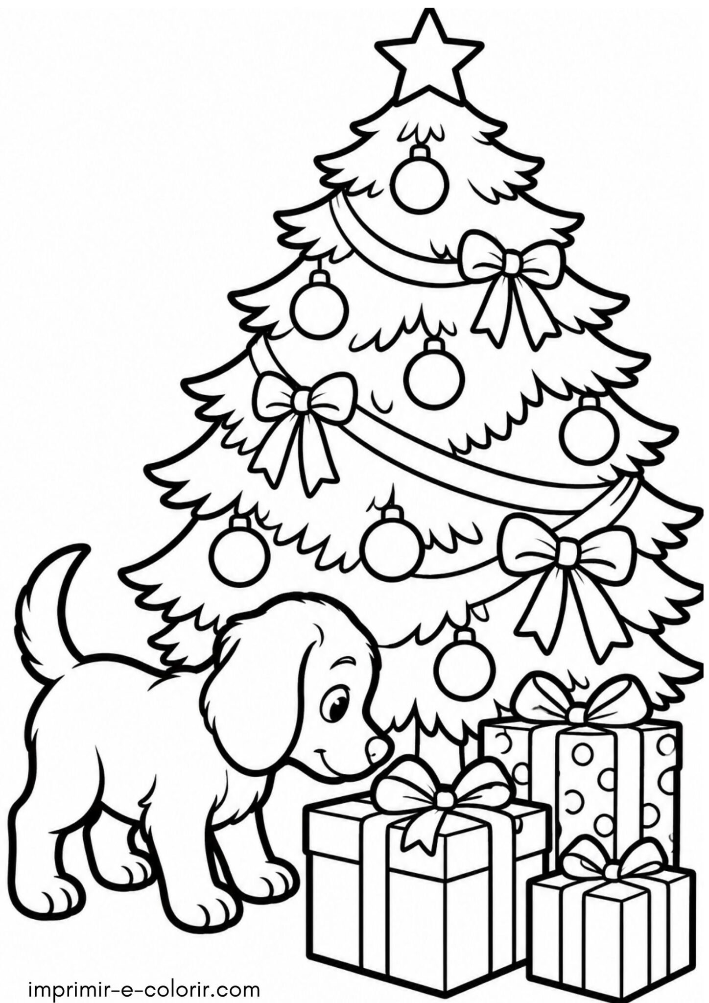 Desenho de Cachorrinho curioso farejando presentes sob a árvore de Natal