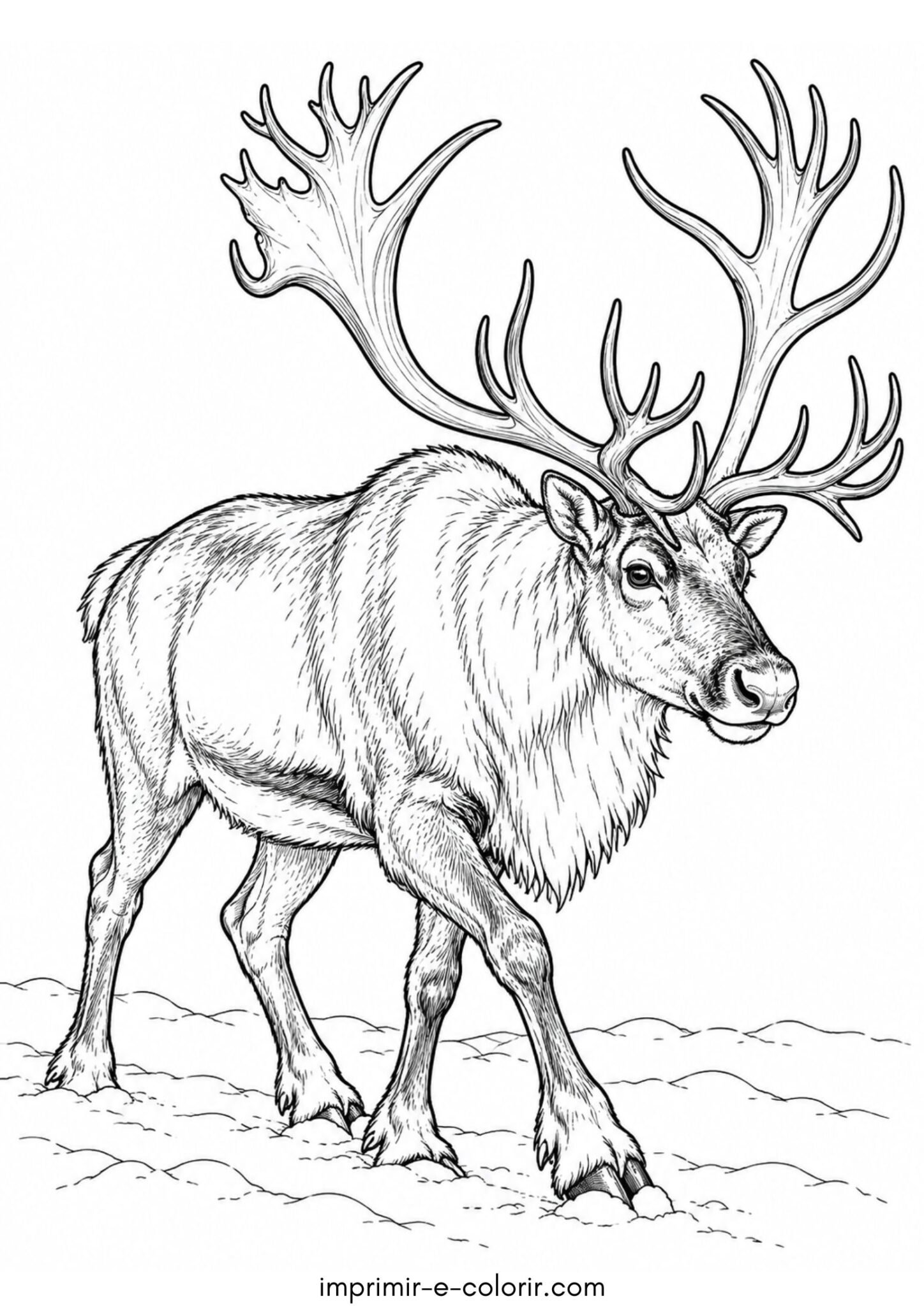 Desenho de Caribu selvagem com grandes chifres caminhando pela neve da tundra
