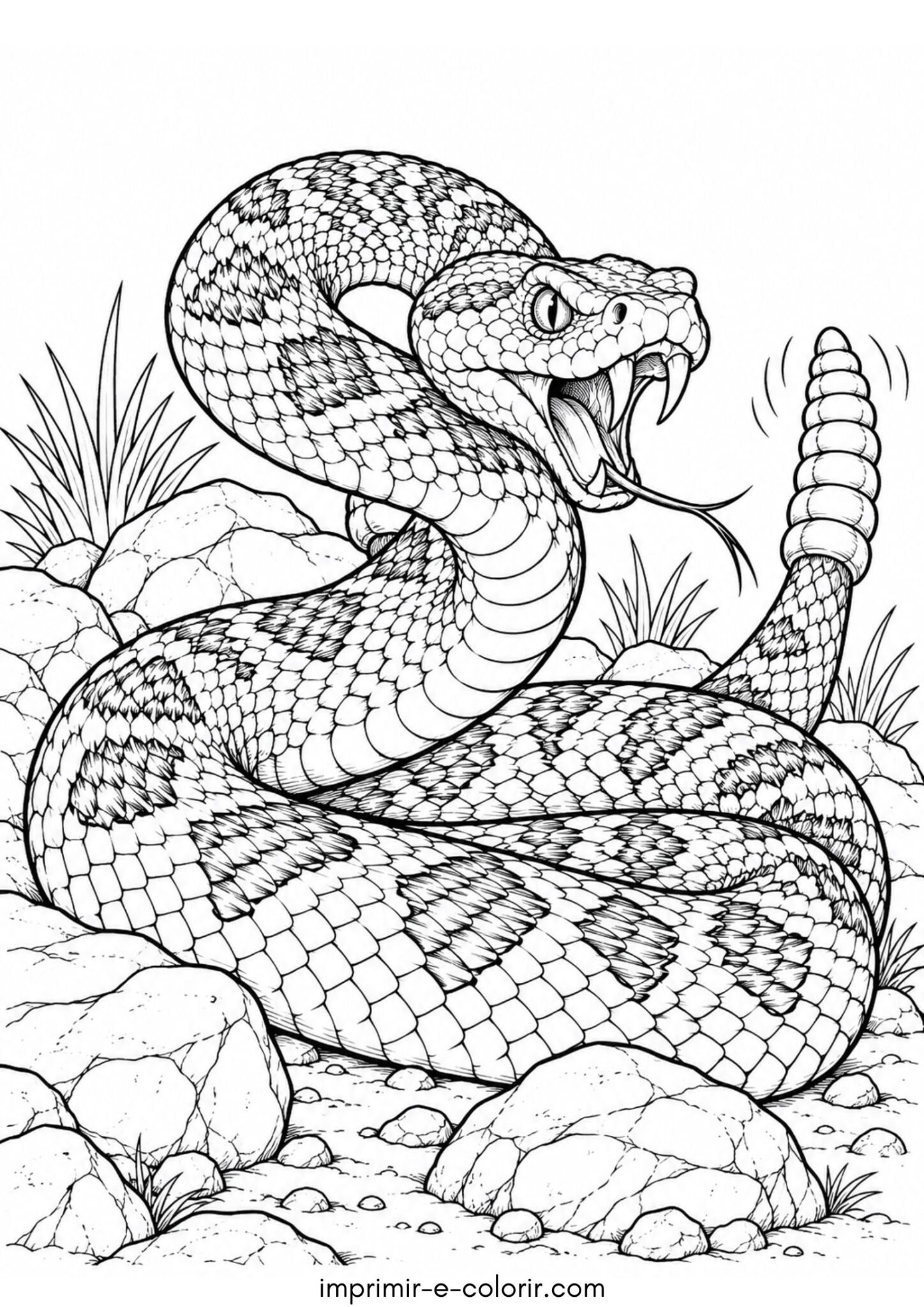 Desenho de Cascavel com guizo na cauda pronta para dar o bote nas pedras