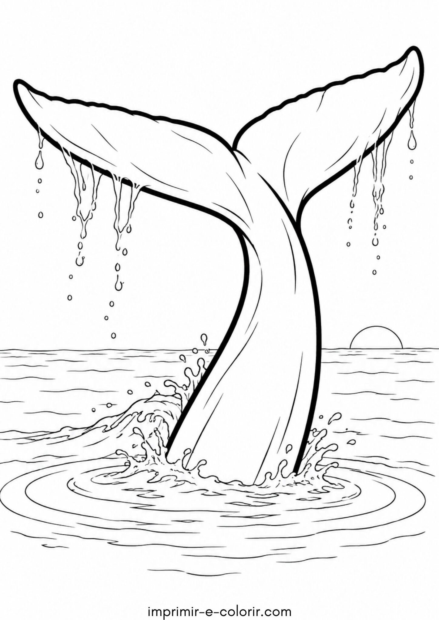 Desenho de Cauda de baleia mergulhando no oceano com ondas e sol no horizonte