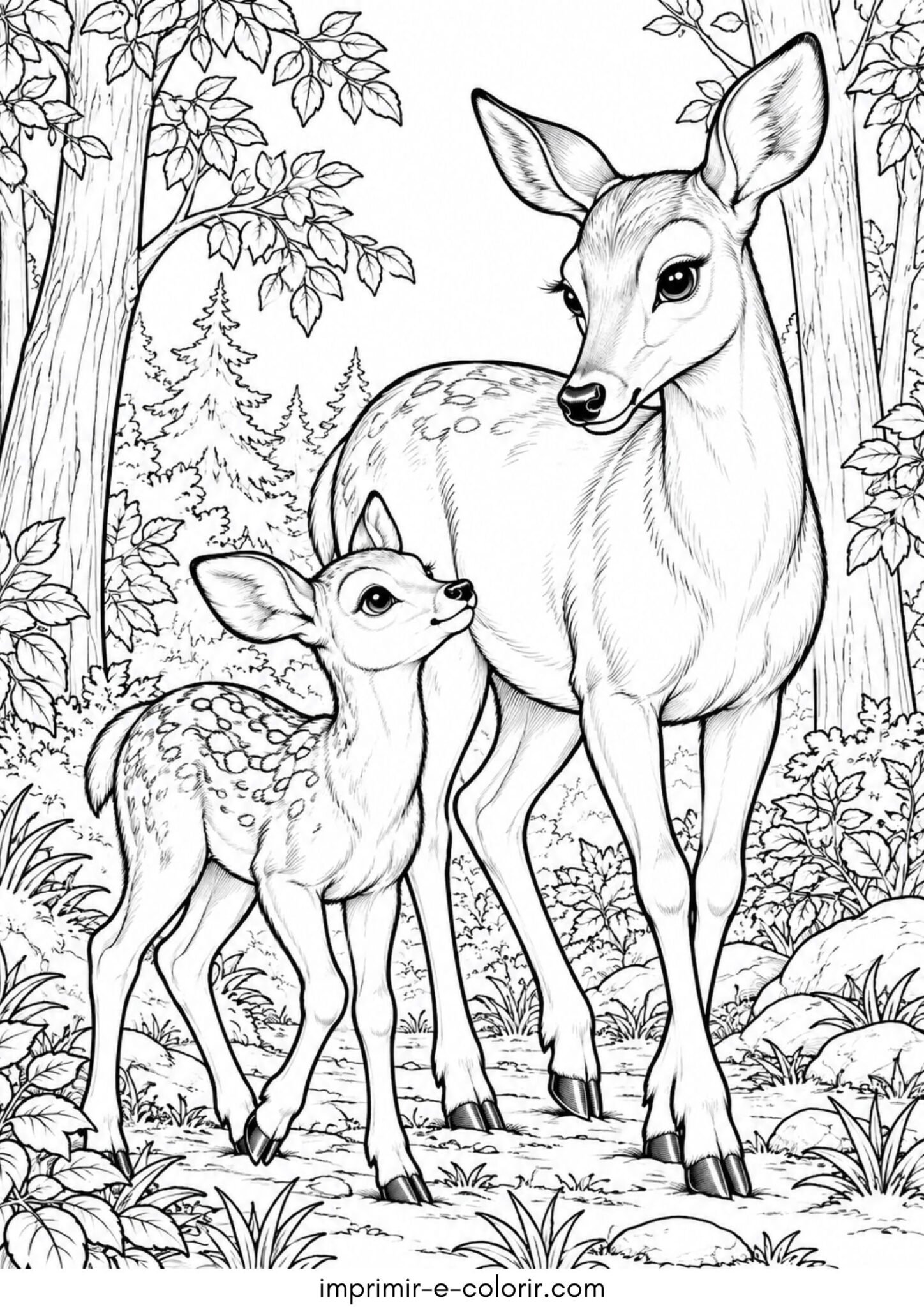 Desenho de Cerva e seu filhote caminhando juntos entre as árvores