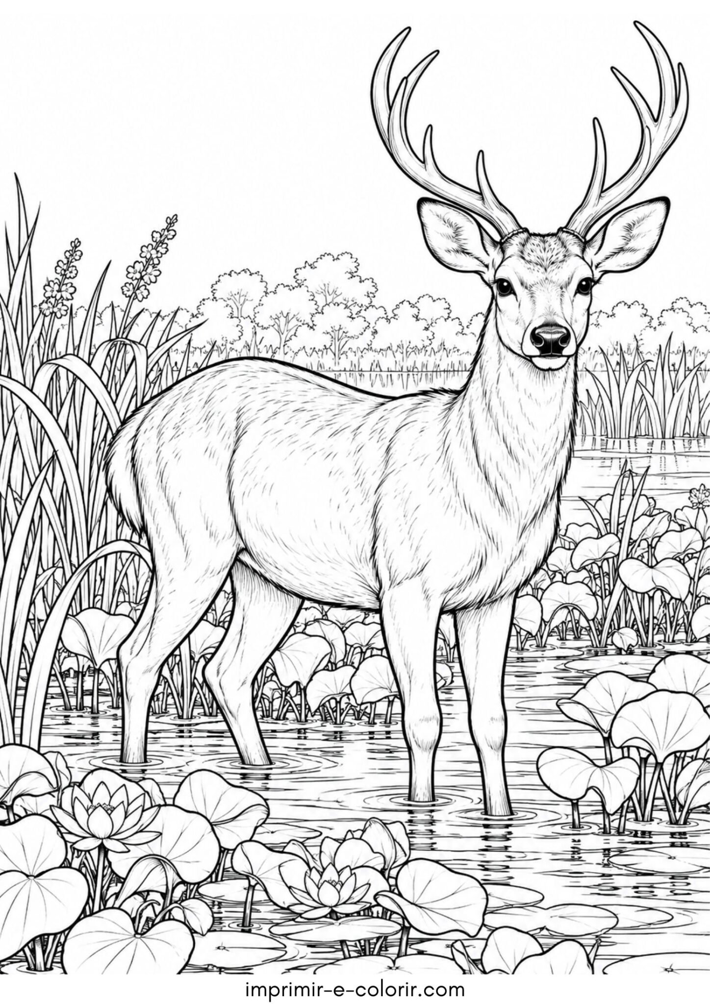 Desenho de Cervo-do-pantanal na vegetação aquática brasileira