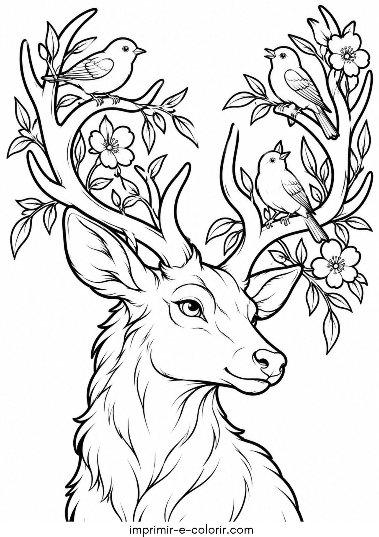 Desenho de Cervo e passarinhos pousados em sua galhada florida