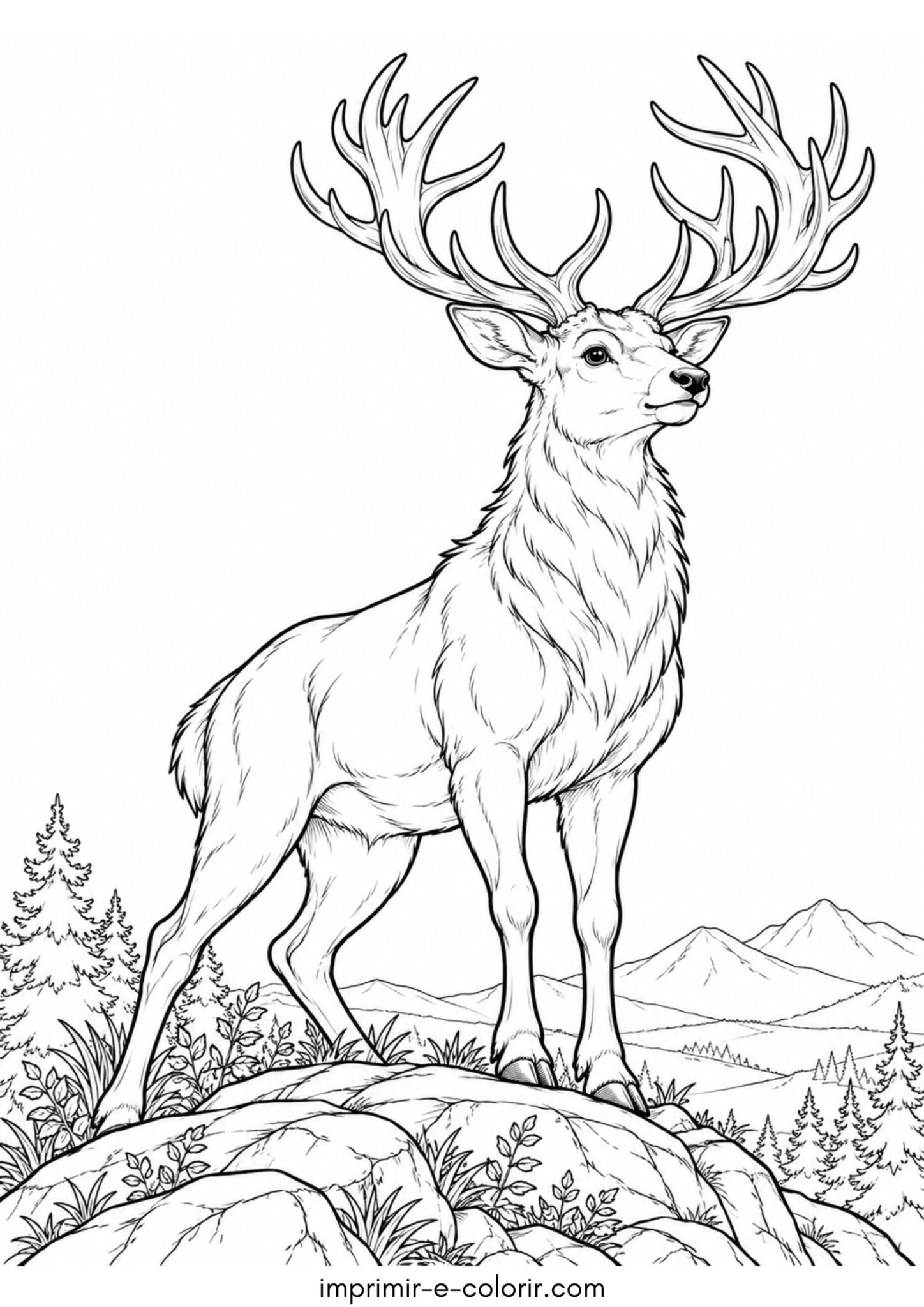 Desenho de Cervo majestoso com chifres grandes no topo de uma colina