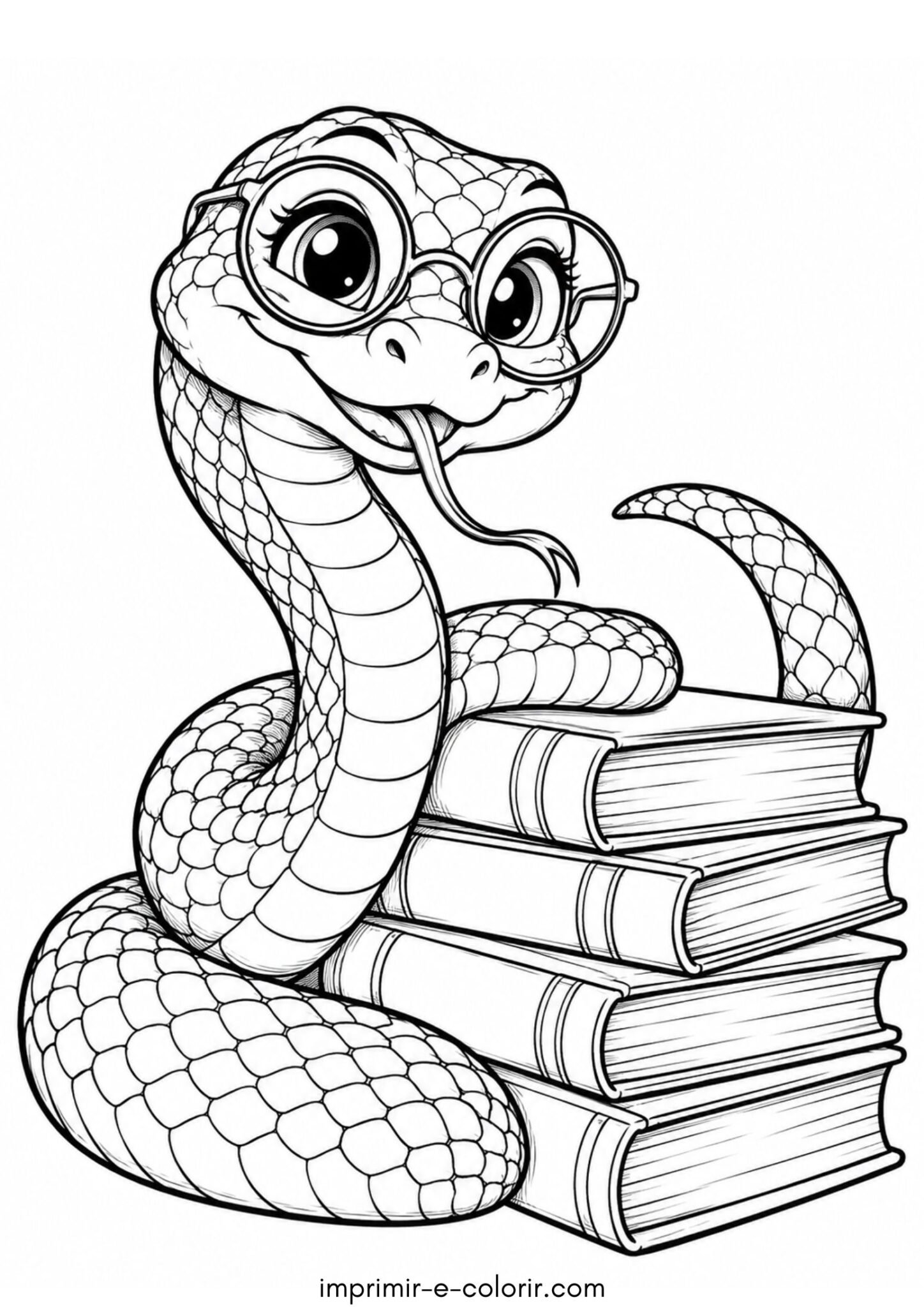 Desenho de Cobra com óculos redondos e pilha de livros na biblioteca da floresta