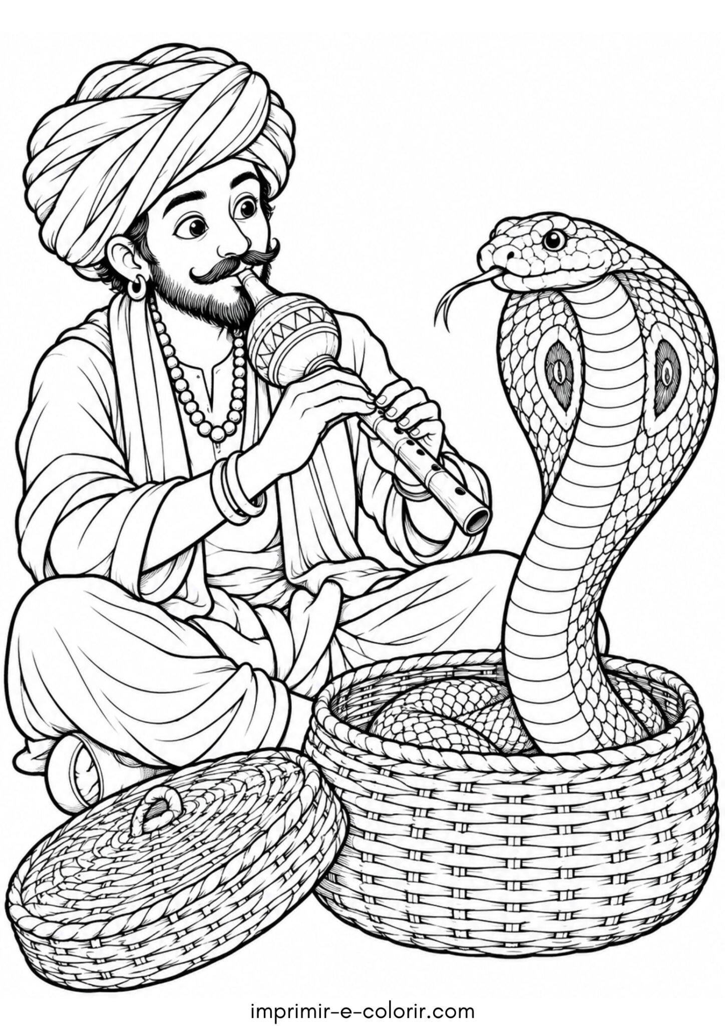 Desenho de Cobra-naja encantada saindo de um cesto com flauta
