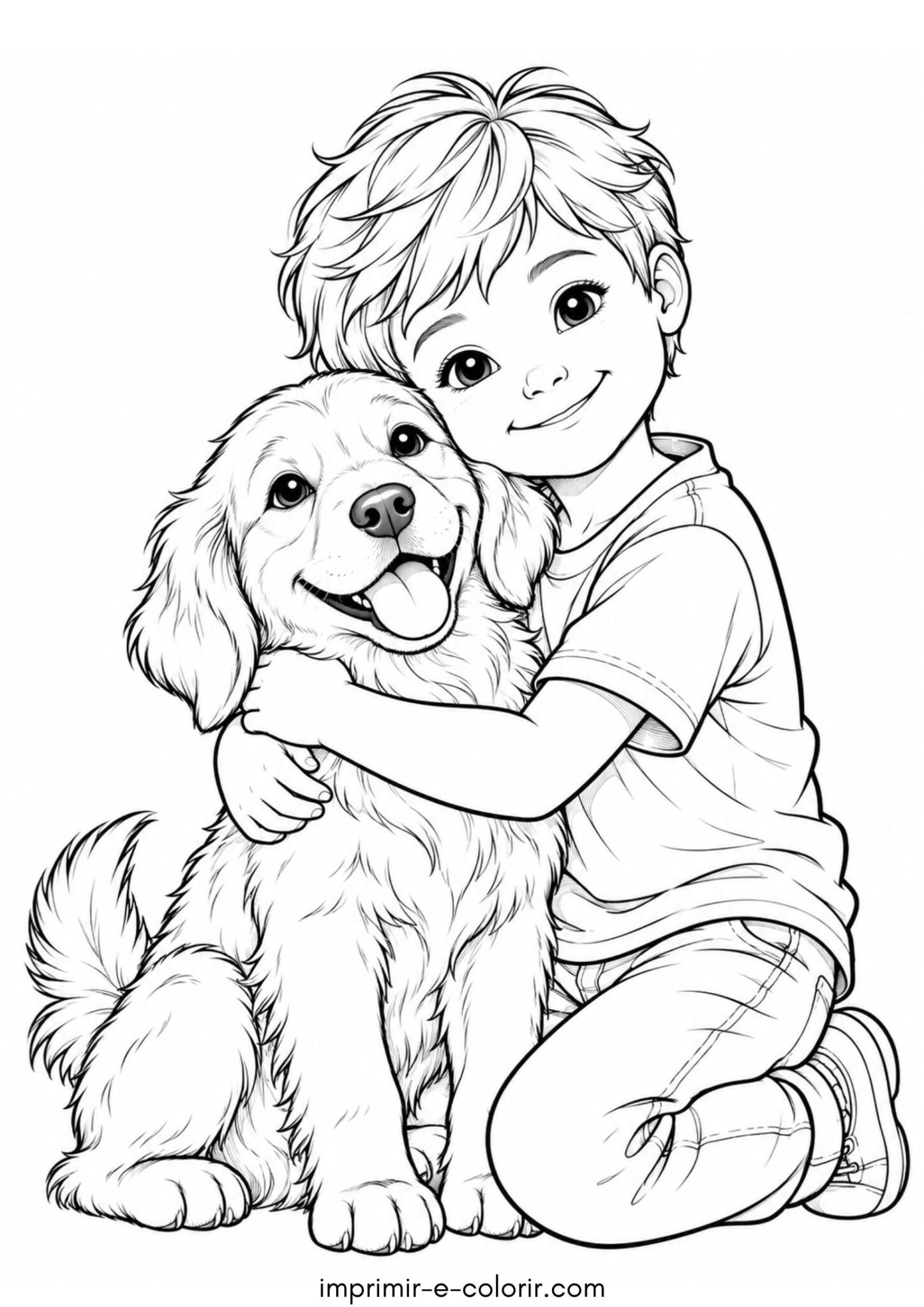 Desenho de Dia dos Animais – Criança abraçando o cachorrinho com carinho
