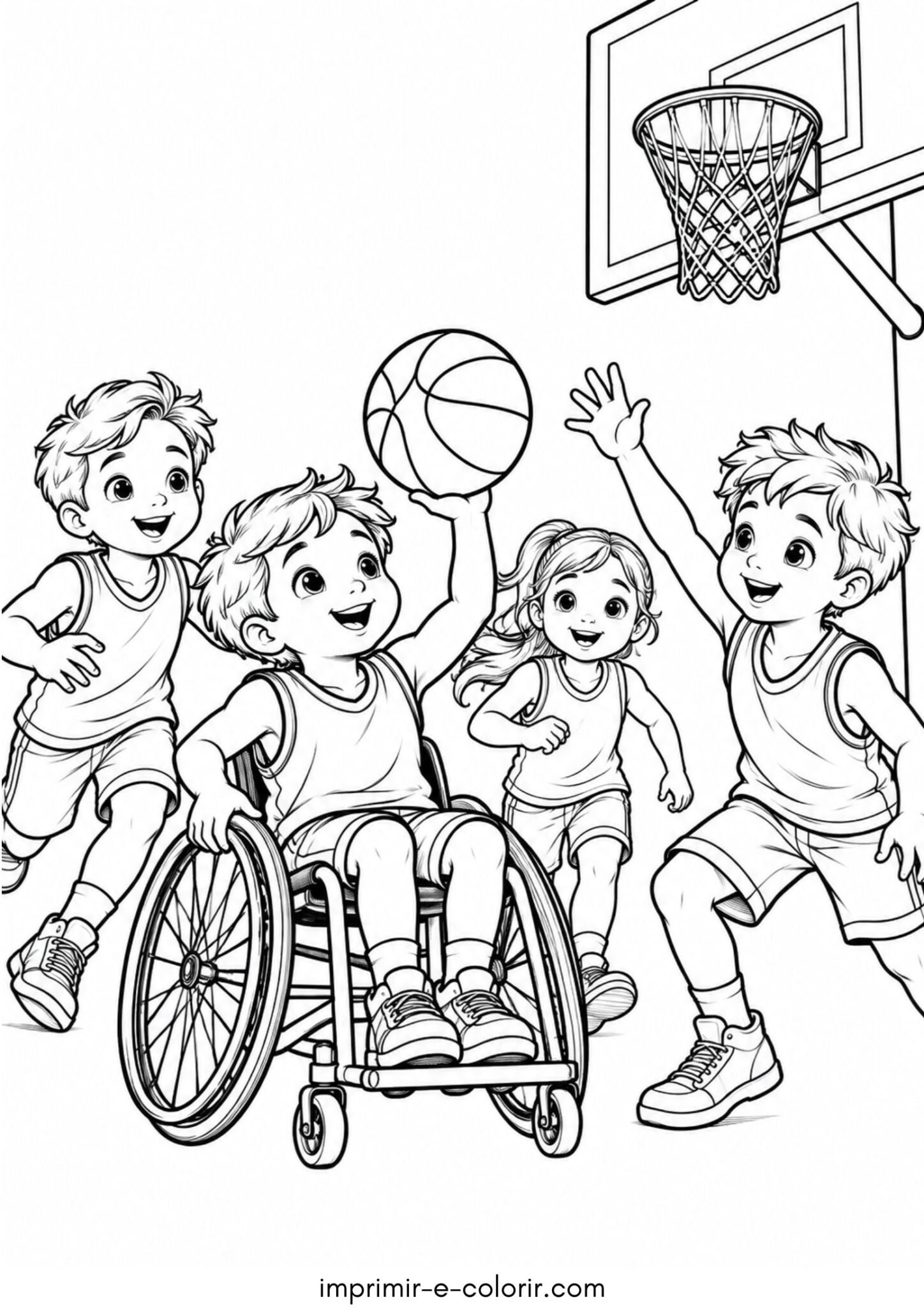 Desenho de Dia das Crianças – Criança cadeirante brincando com amigos