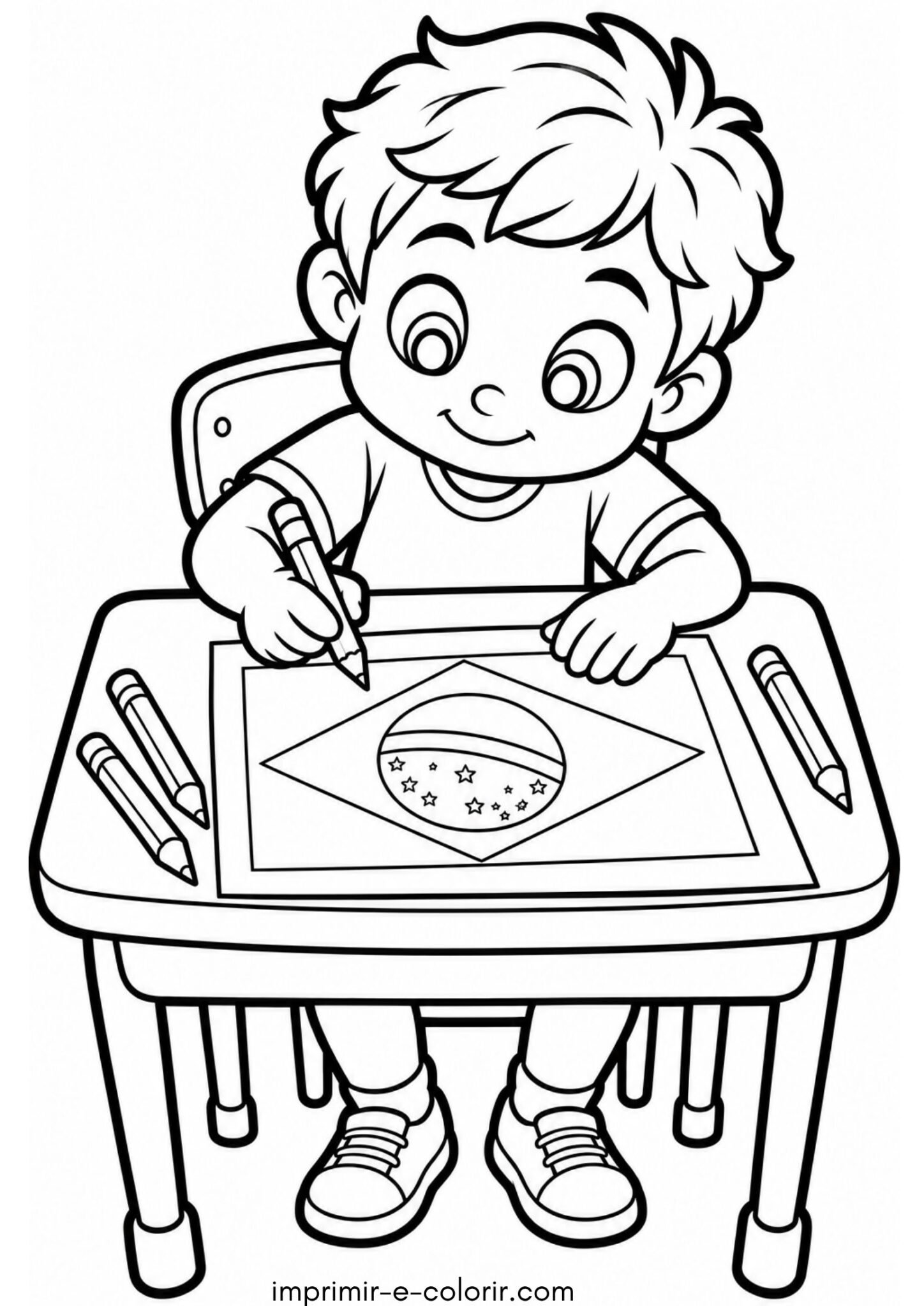 Desenho de Criança desenhando e pintando a bandeira nacional na carteira escolar