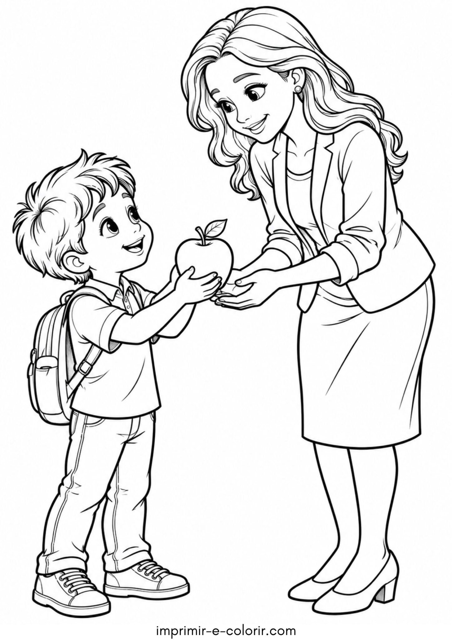 Desenho de Dia dos Professores – Criança entregando uma maçã para a professora para colorir e imprimir