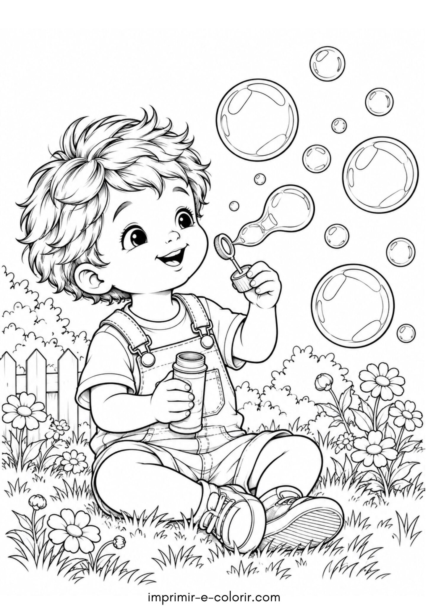 Desenho de Dia das Crianças – Criança fazendo bolhas de sabão no jardim