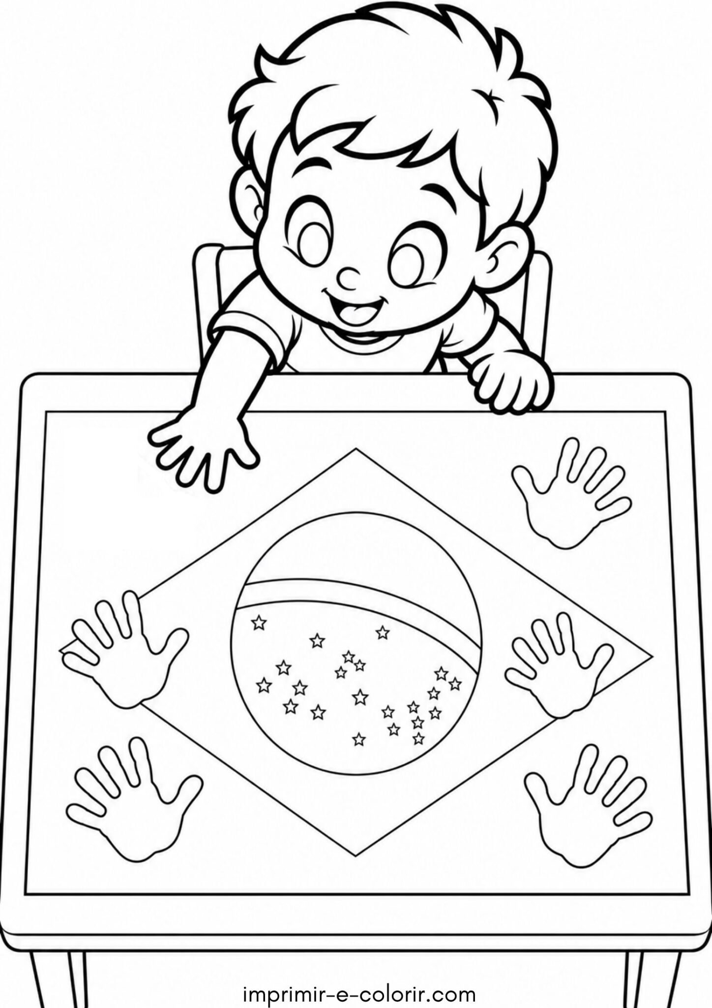 Desenho de Criança pintando a bandeira do Brasil com carimbo das mãos