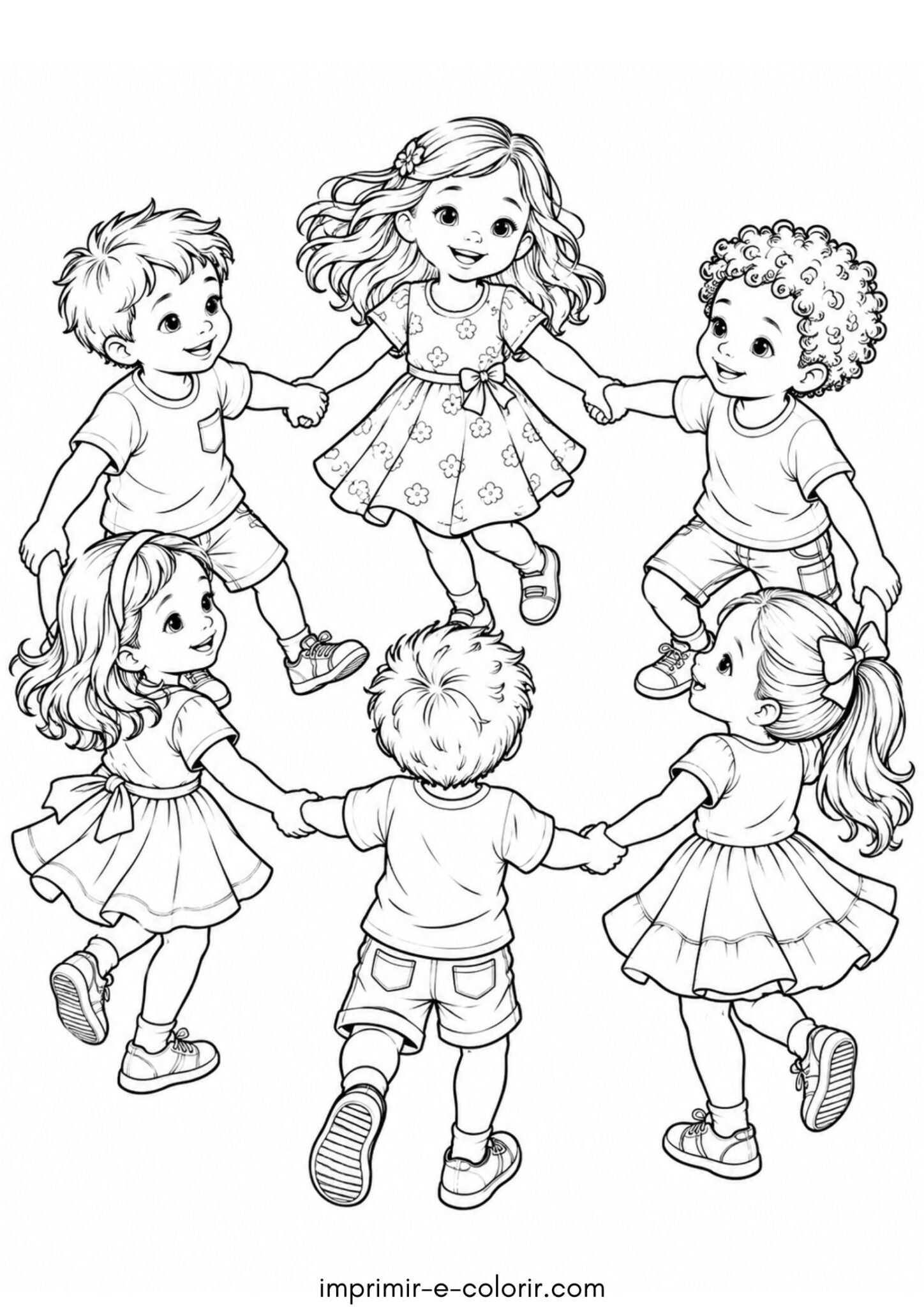 Desenho de Dia das Crianças – Crianças brincando de roda de mãos dadas