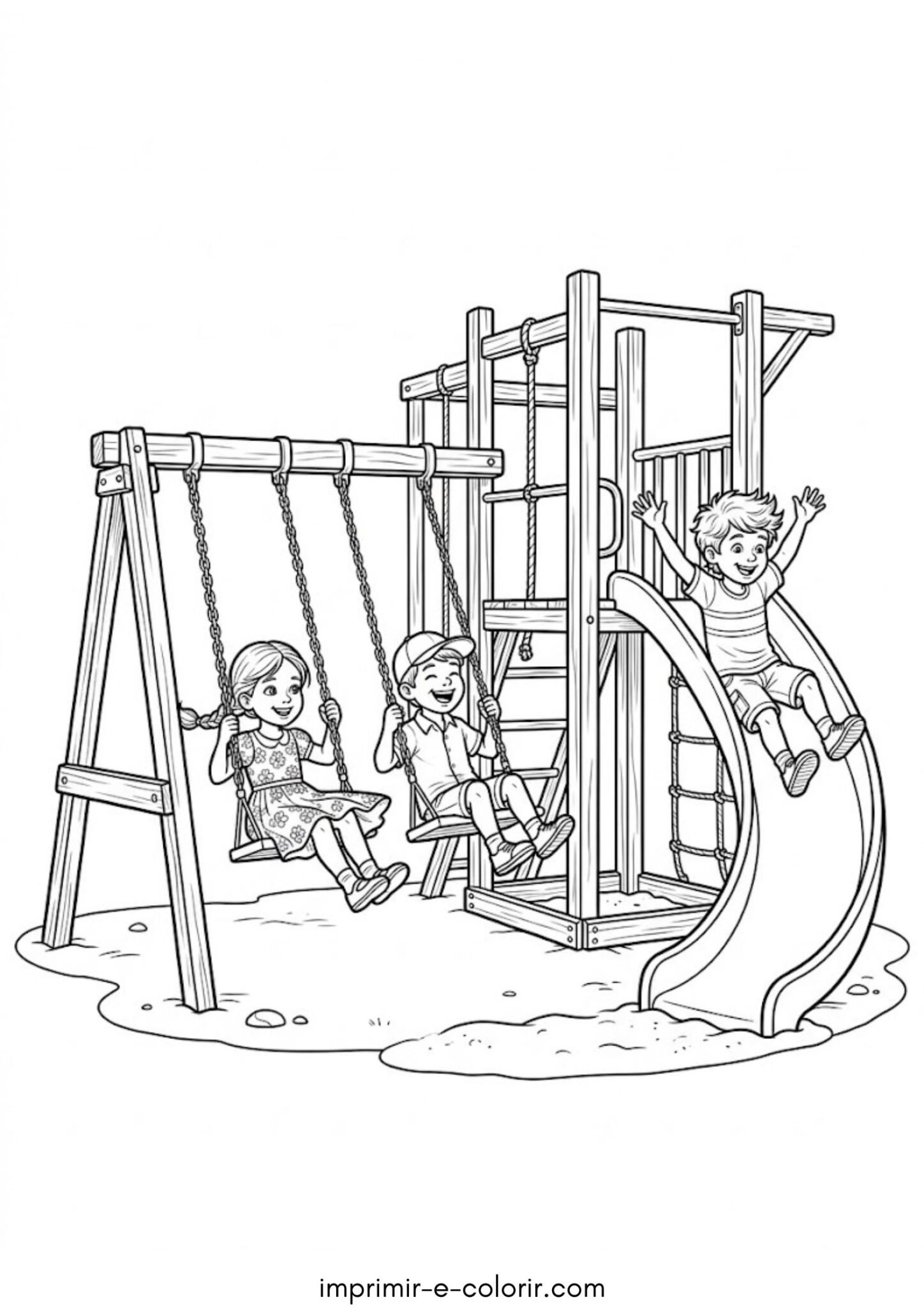Desenho de Dia das Crianças – Crianças brincando no parque: balanço e escorregador