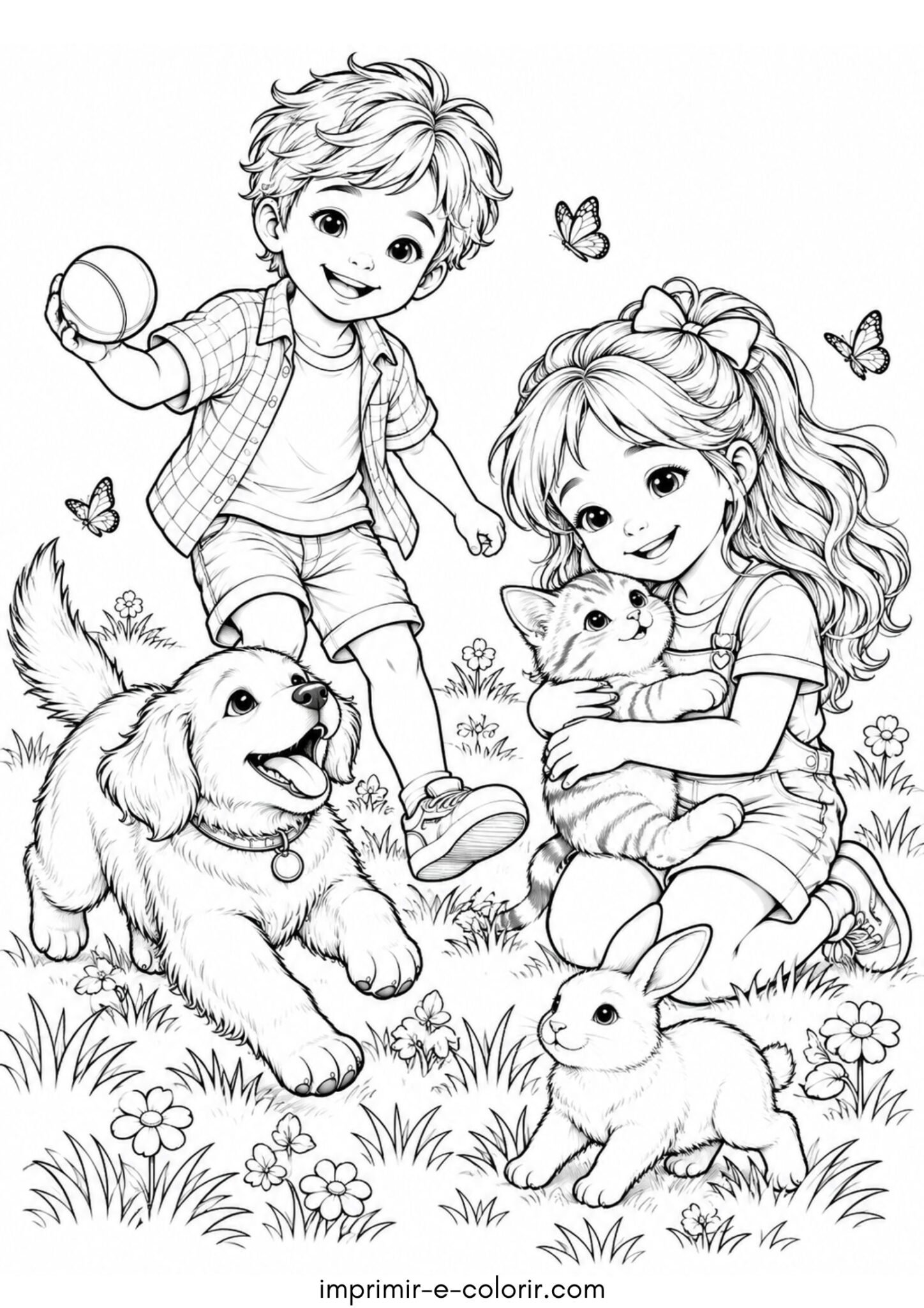Desenho de Dia dos Animais – Crianças brincando no parque com seus bichinhos de estimação