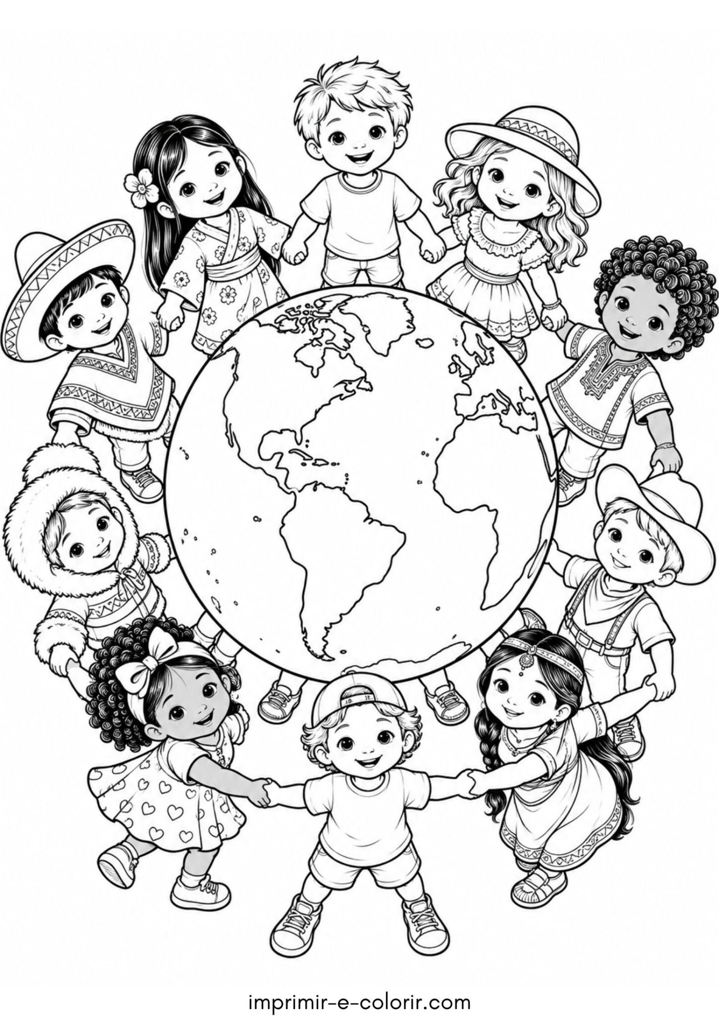 Desenho de Dia das Crianças – Crianças de mãos dadas ao redor do planeta Terra