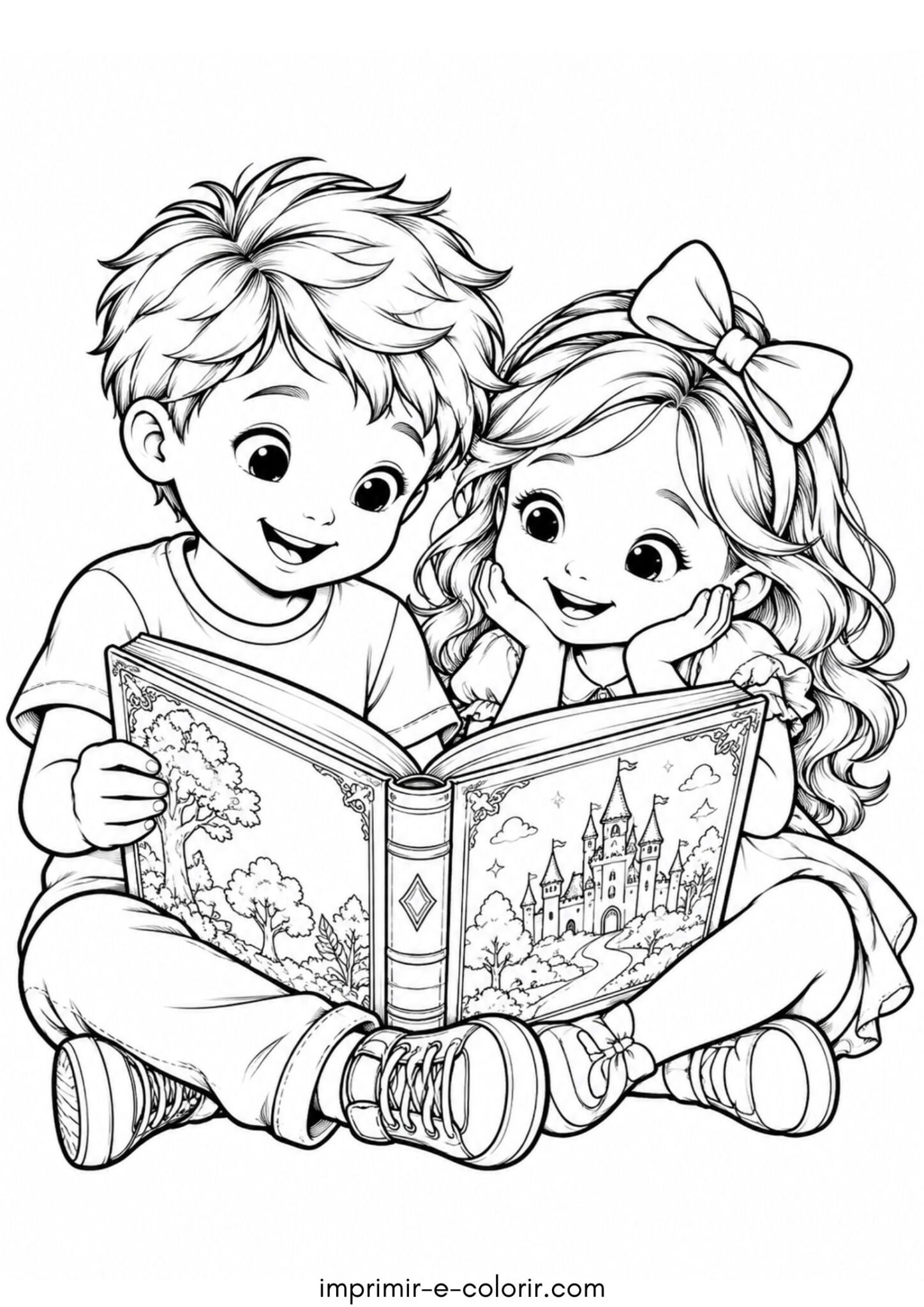 Desenho de Dia das Crianças – Crianças lendo livro de histórias infantis