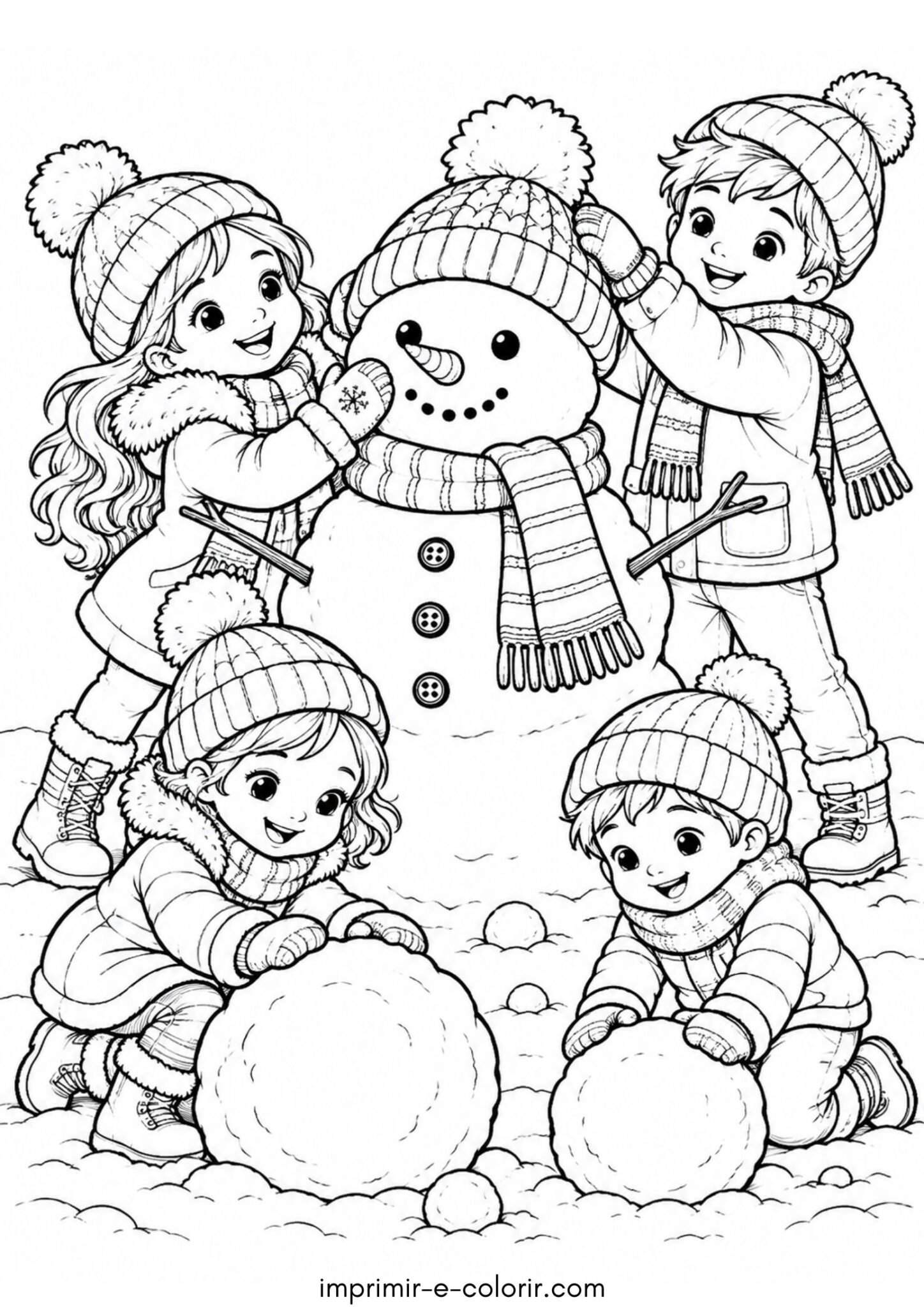 Desenho de Crianças montando e empilhando bolas de neve no quintal