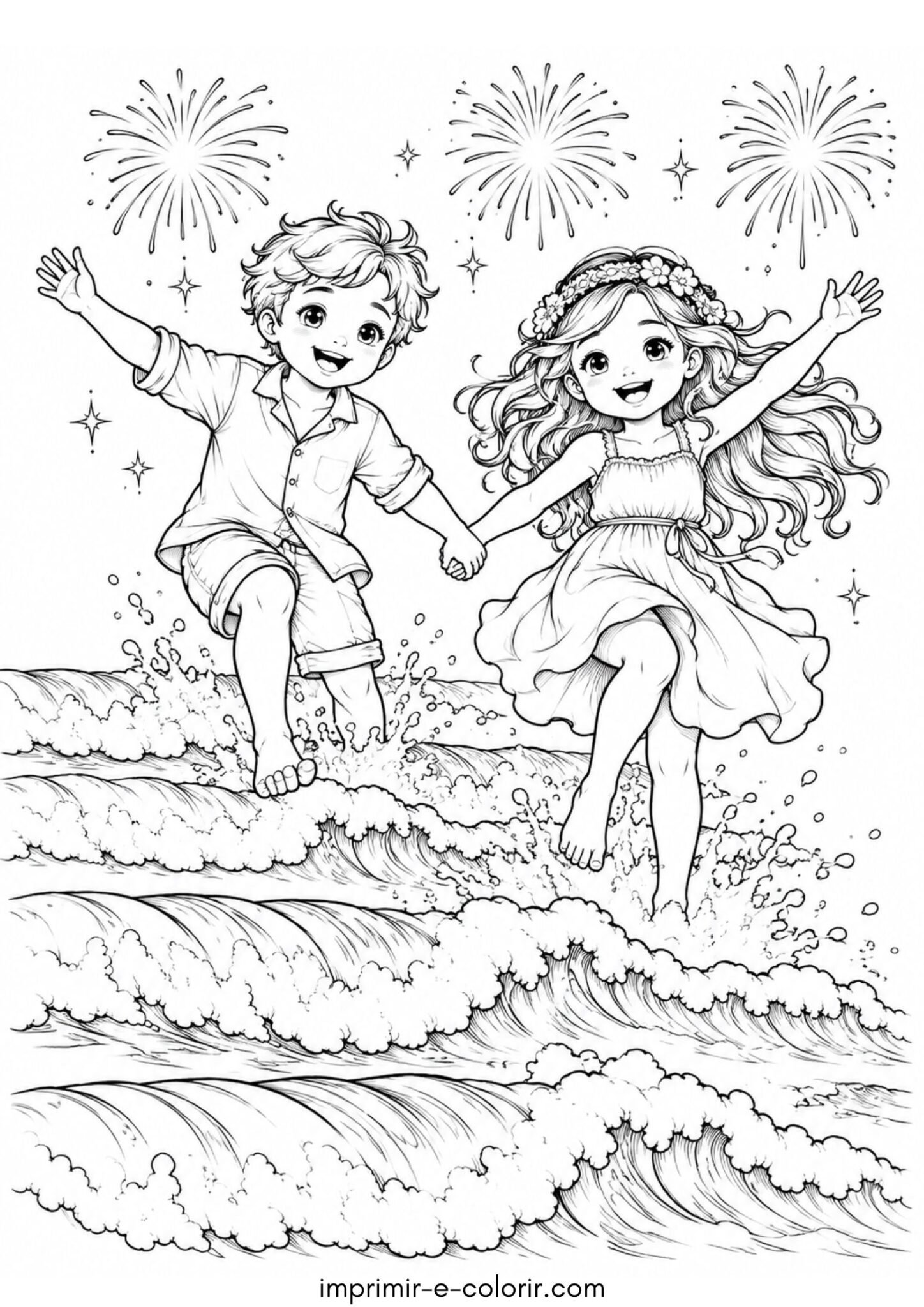 Desenho de Crianças na praia pulando sete ondas no Réveillon com roupas brancas