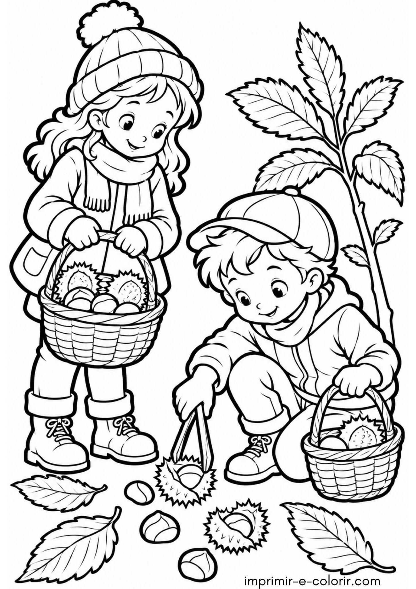 Desenho de Magusto – Crianças recolhendo ouriços na floresta com cestos de vime