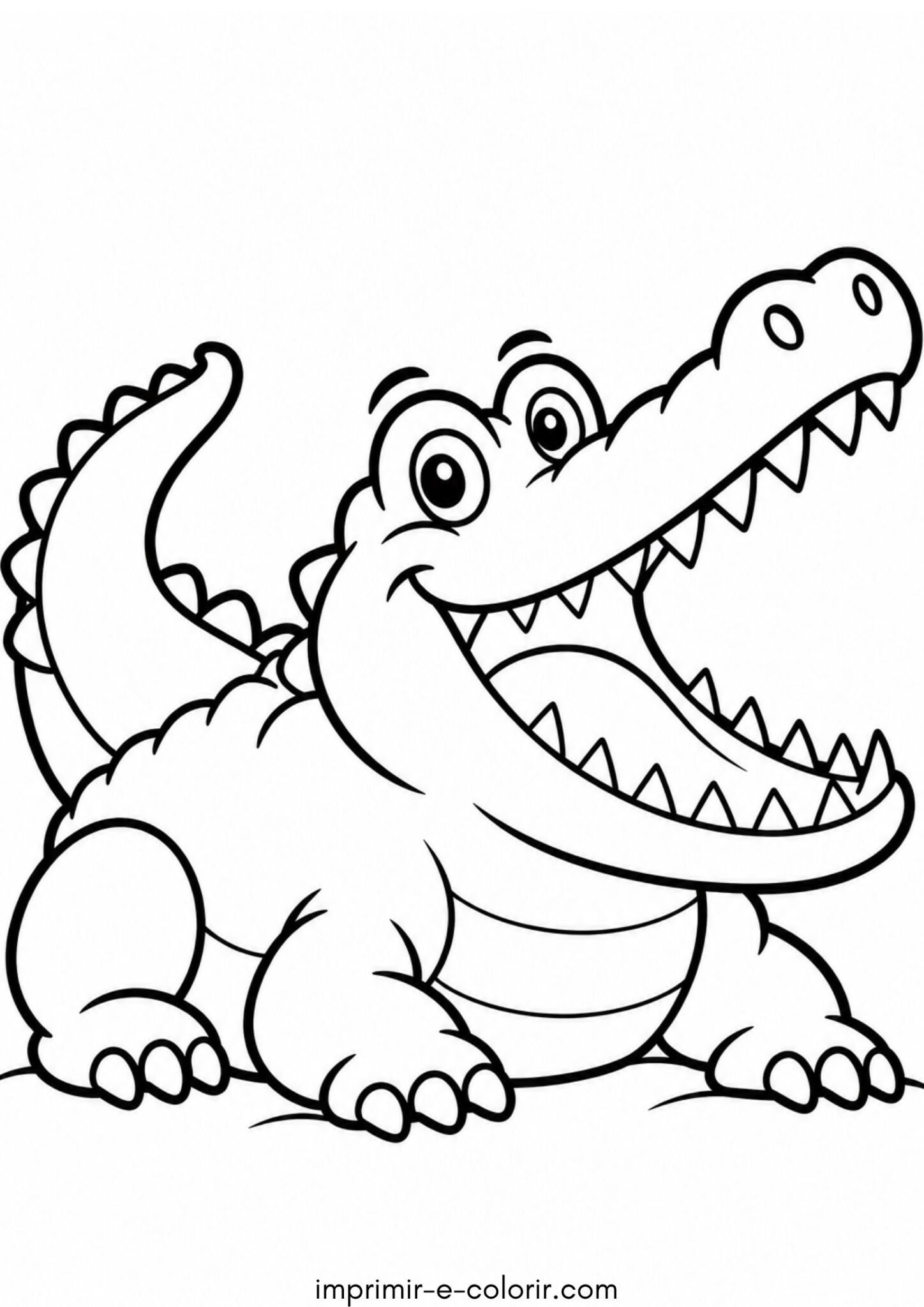 Desenho de Crocodilo com a boca aberta cheia de dentes afiados tomando sol na beira do rio