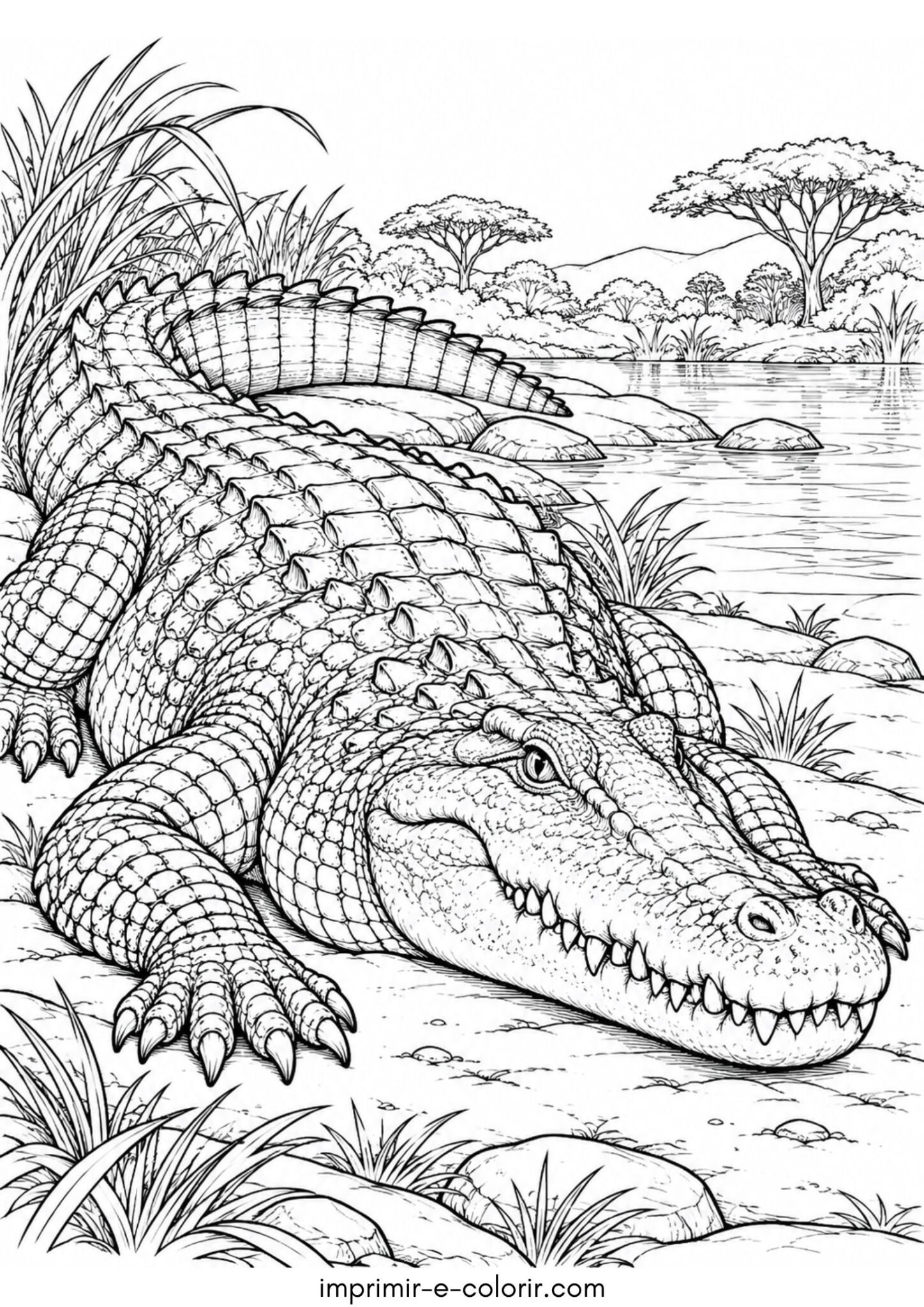 Desenho de Crocodilo-do-Nilo gigante descansando na margem do rio africano para colorir e imprimir