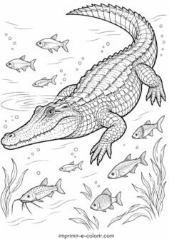 Crocodilo-do-orinoco nadando no rio com peixes da Amazônia